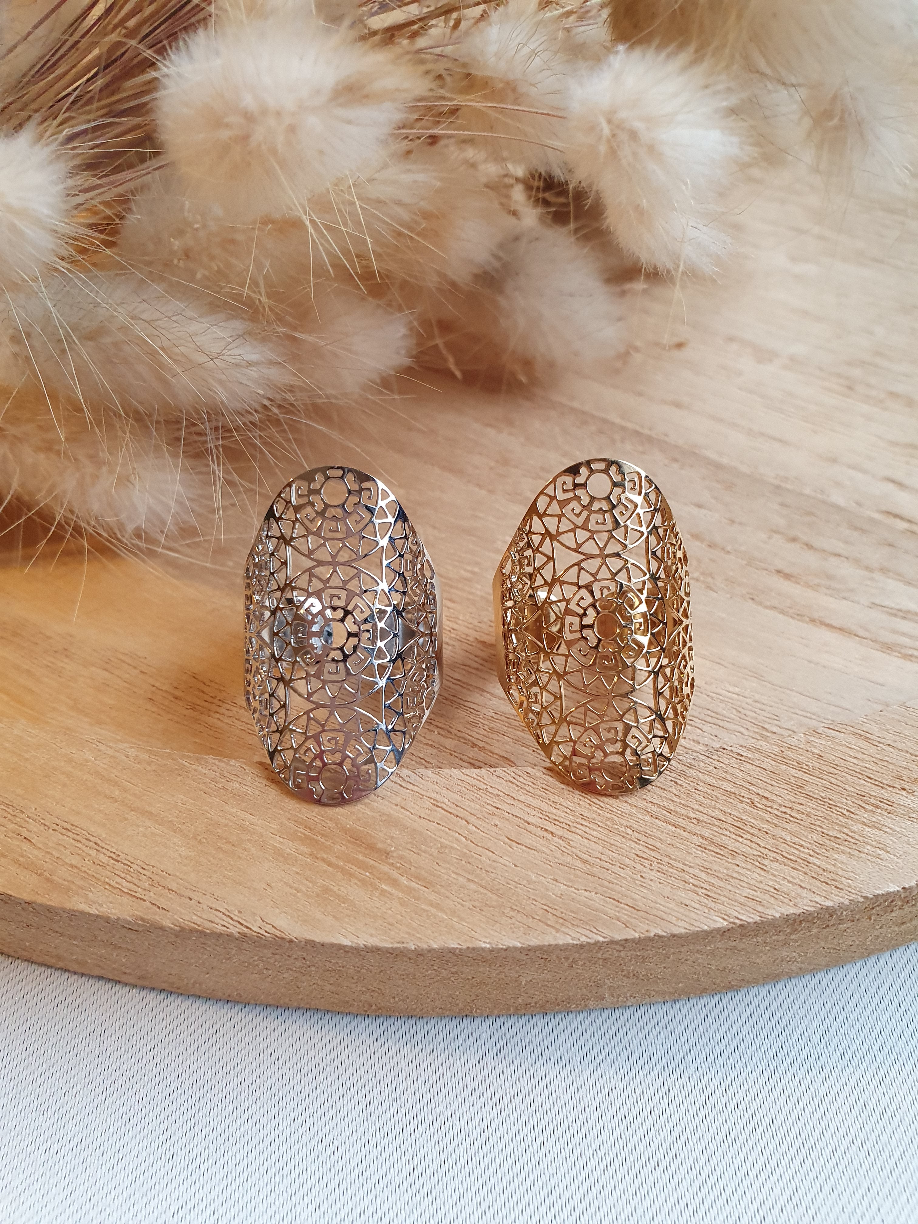 Grosse bague dentelle ajustable en acier inoxydable or ou argent Micomidy Bijoux