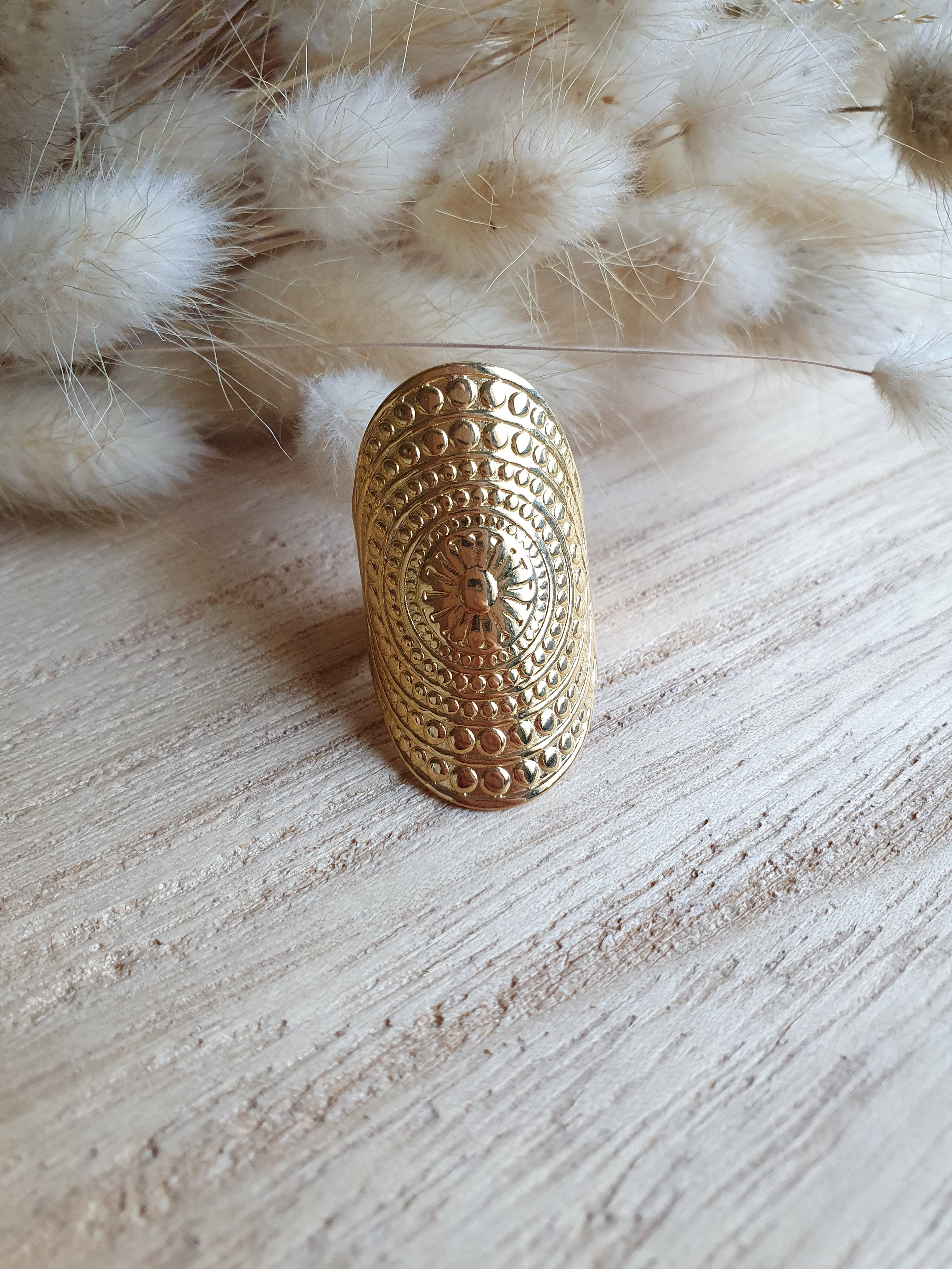 Grosse bague ajustable en acier inoxydable or ou argent - bague détaillée avec fleur Micomidy Bijoux