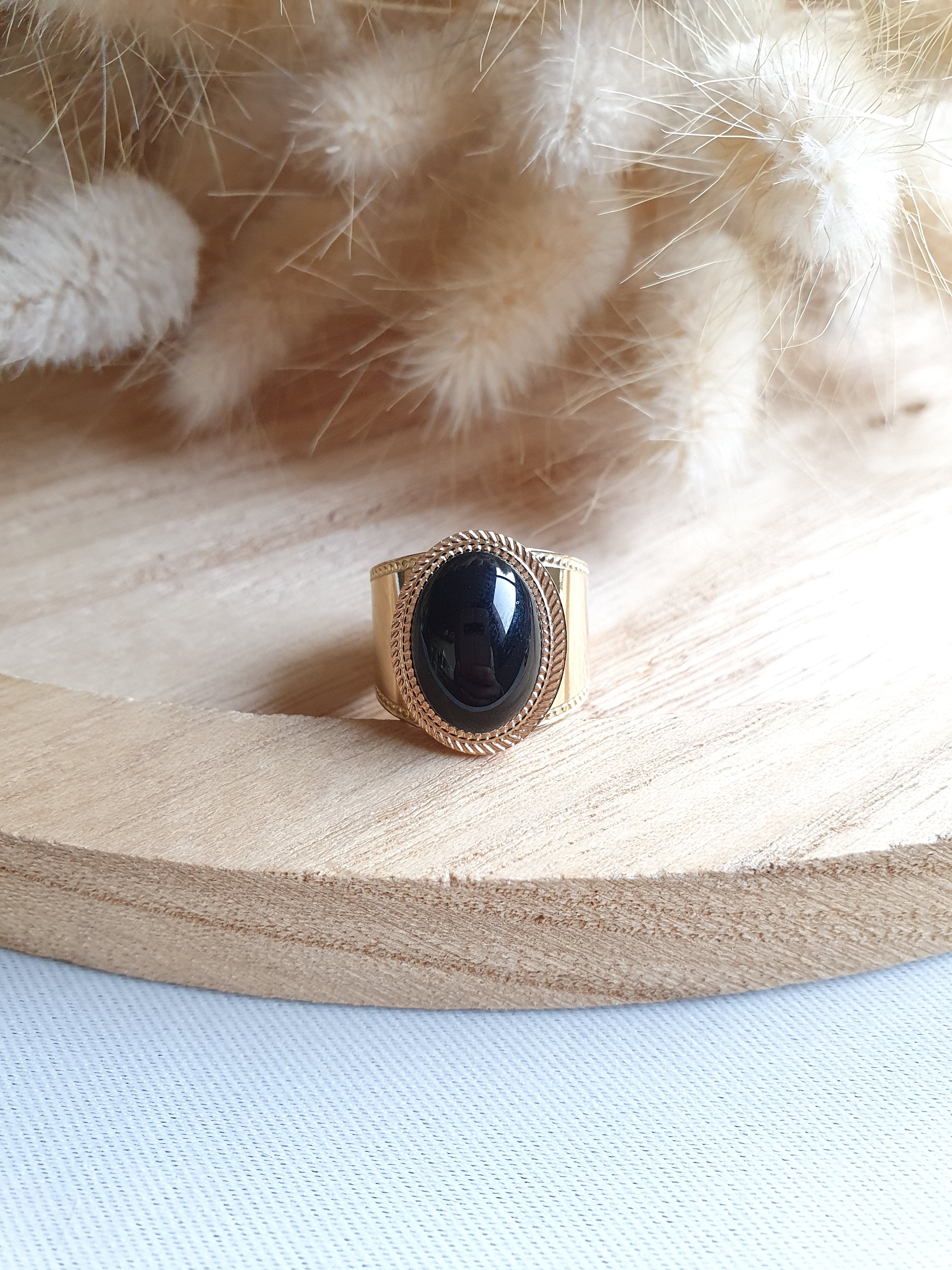 Grosse bague ajustable en acier inoxydable or et pierre naturelle - onyx noir, oeil de tigre, malachite, jaspe rouge Micomidy Bijoux