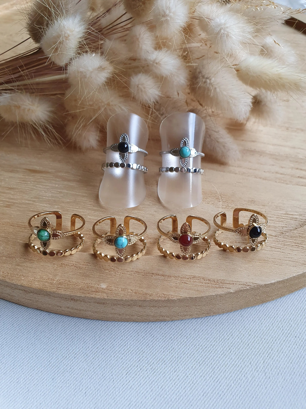 Bague Amélie - Bague trèfle, ajustable en acier inoxydable et pierres naturelles Micomidy Bijoux