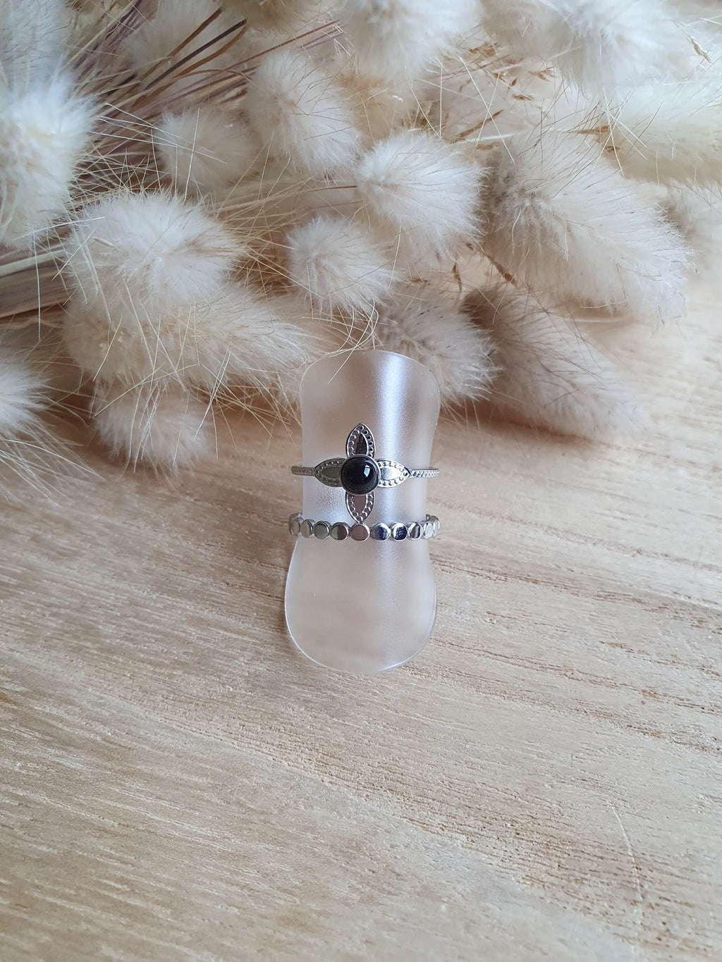 Bague Amélie - Bague trèfle, ajustable en acier inoxydable et pierres naturelles Micomidy Bijoux
