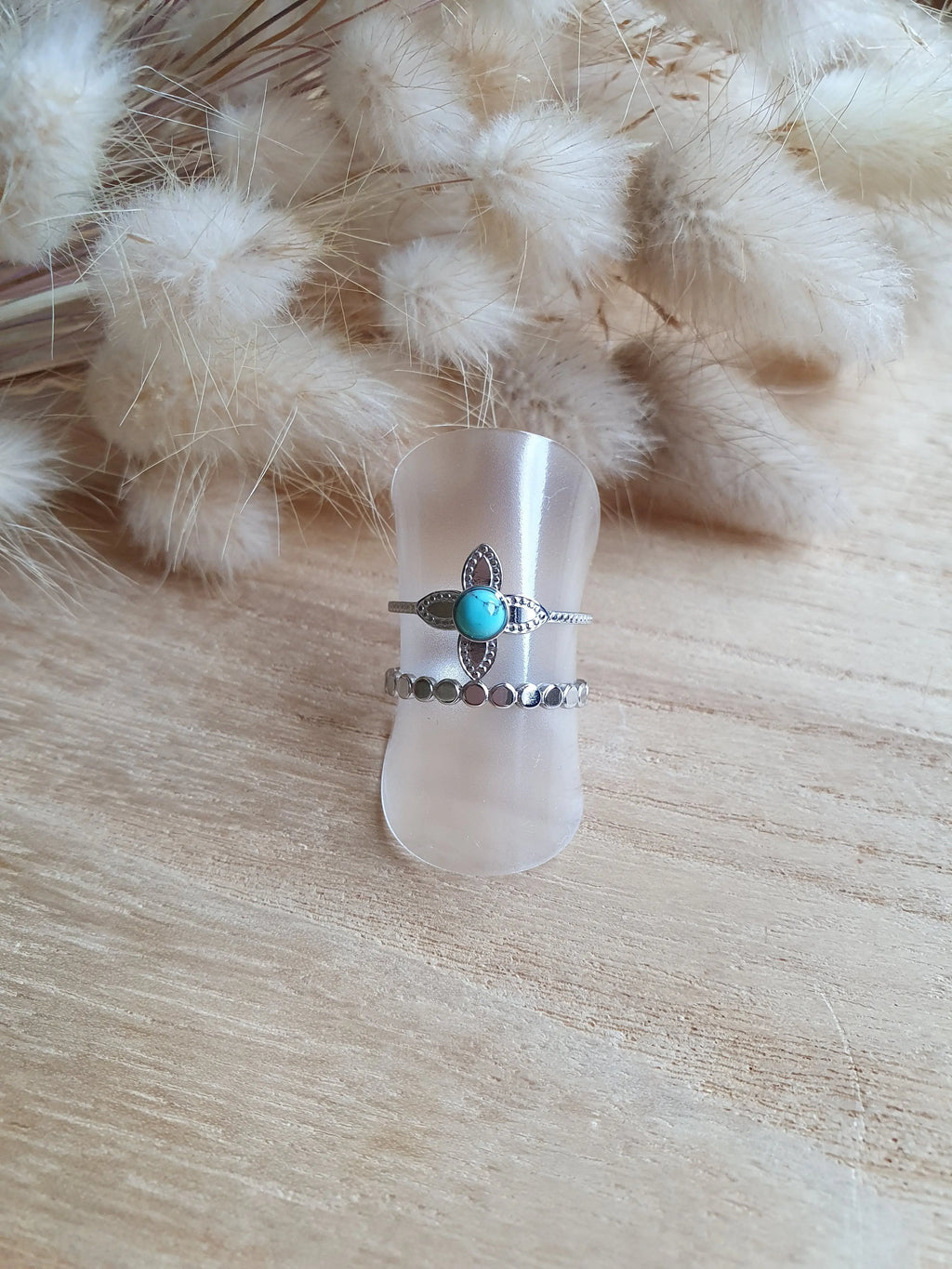 Bague Amélie - Bague trèfle, ajustable en acier inoxydable et pierres naturelles Micomidy Bijoux