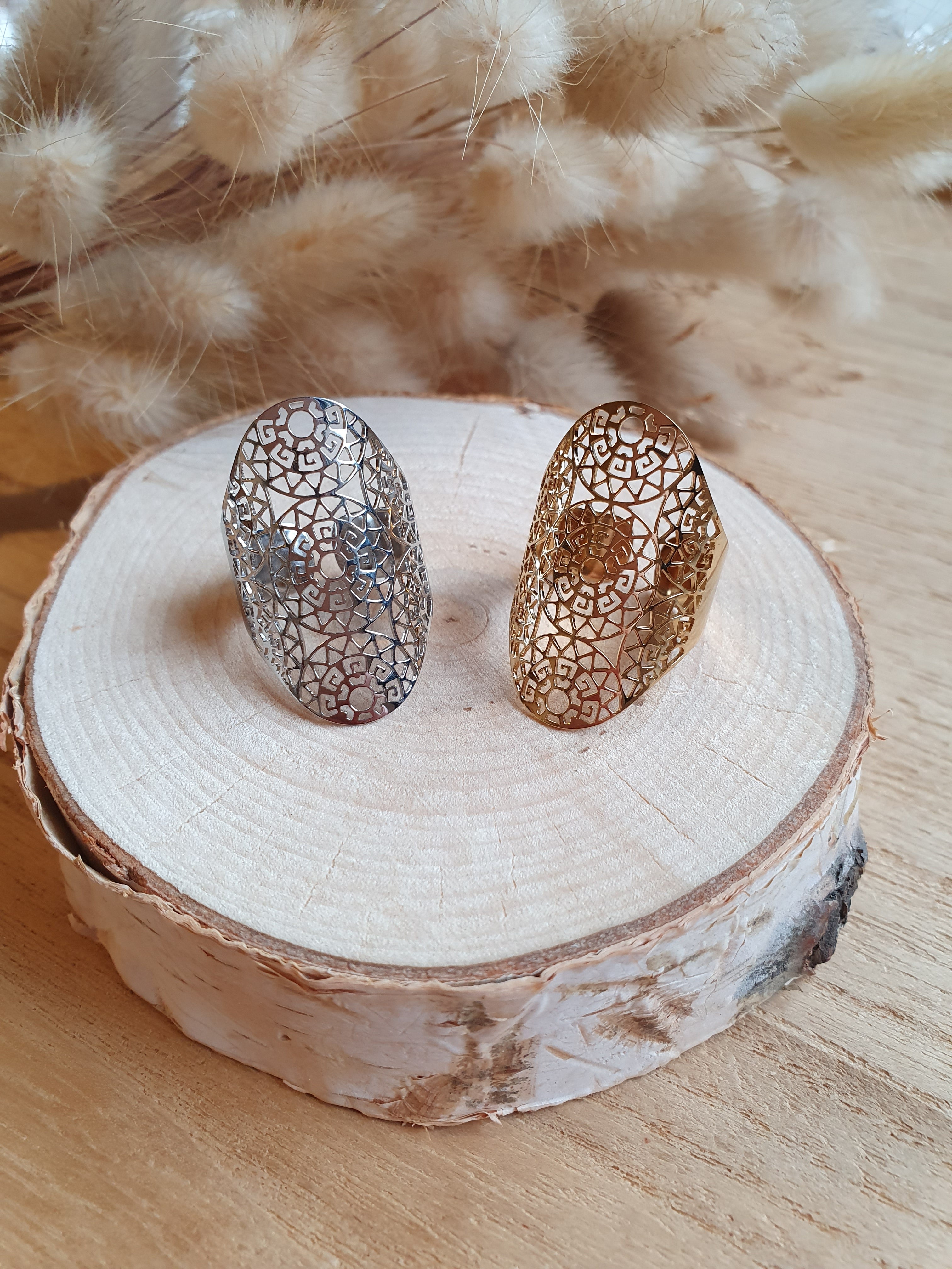Grosse bague dentelle ajustable en acier inoxydable or ou argent Micomidy Bijoux