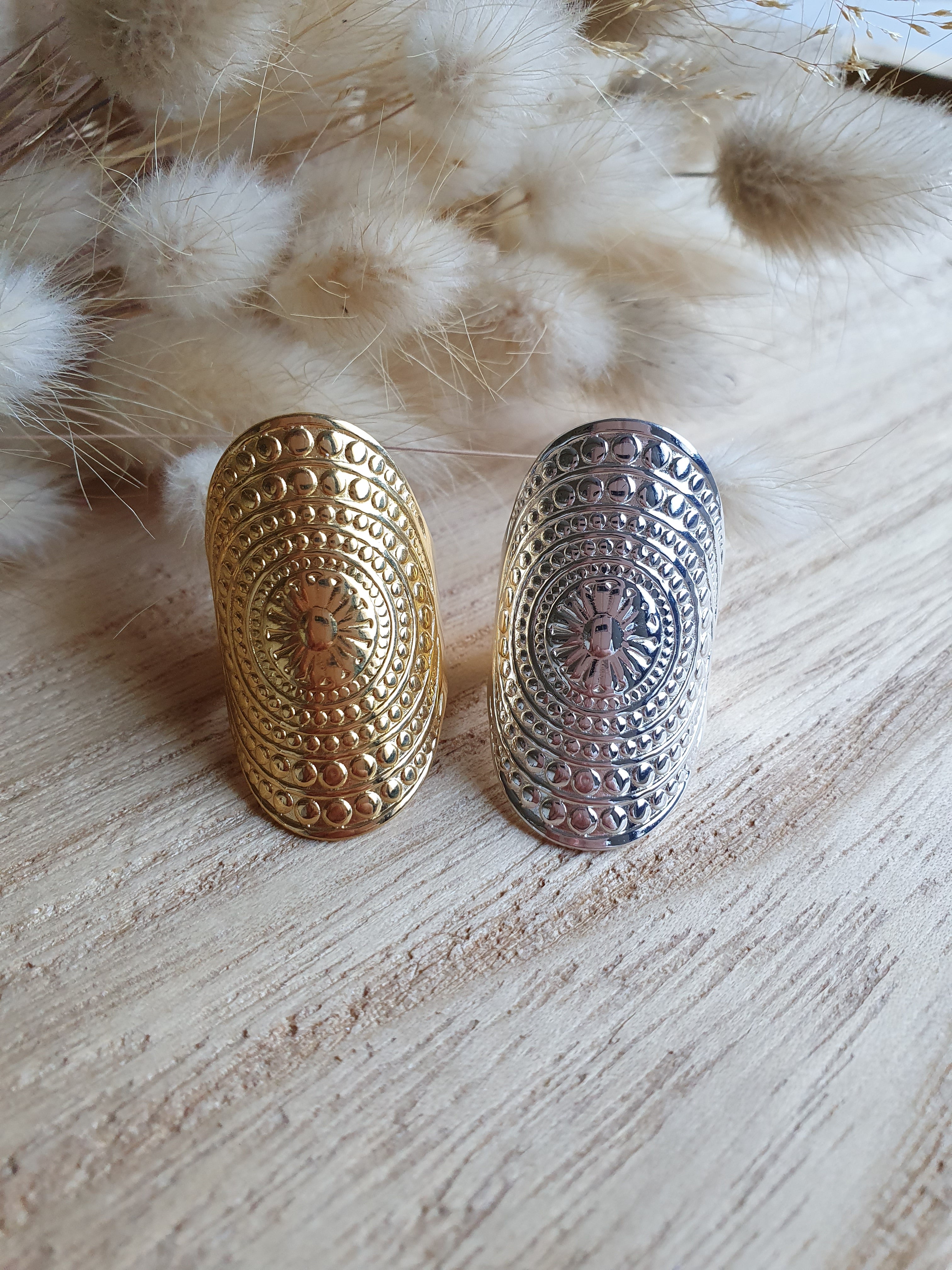 Grosse bague ajustable en acier inoxydable or ou argent - bague détaillée avec fleur Micomidy Bijoux