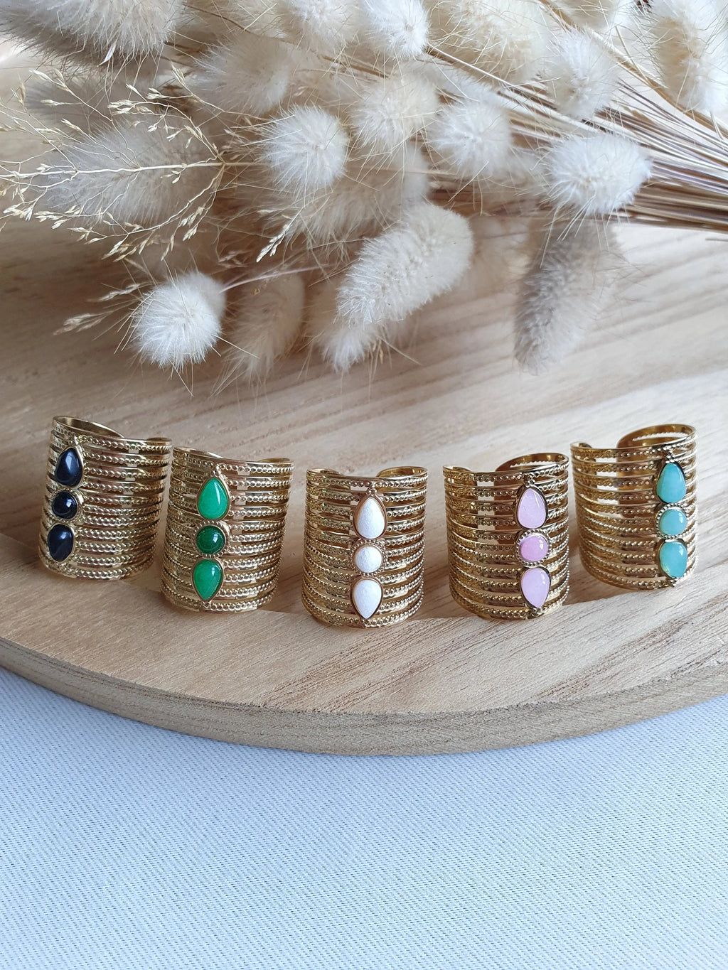 Grosse bague triple pierres en acier inoxydable or et pierres naturelles Micomidy Bijoux