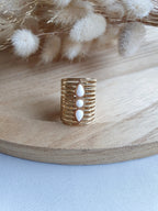 Grosse bague triple pierres en acier inoxydable or et pierres naturelles Micomidy Bijoux