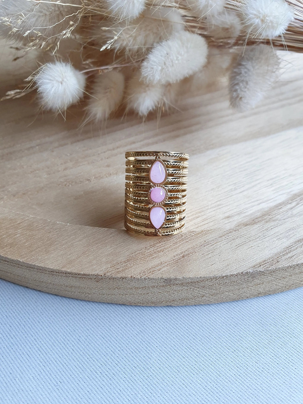 Grosse bague triple pierres en acier inoxydable or et pierres naturelles Micomidy Bijoux