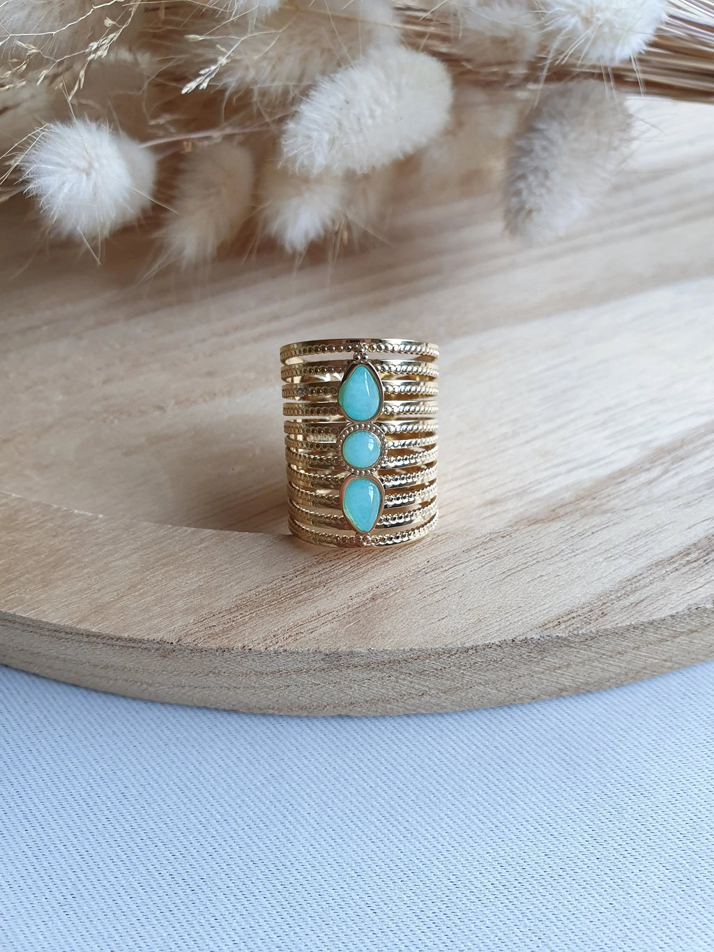 Grosse bague triple pierres en acier inoxydable or et pierres naturelles Micomidy Bijoux