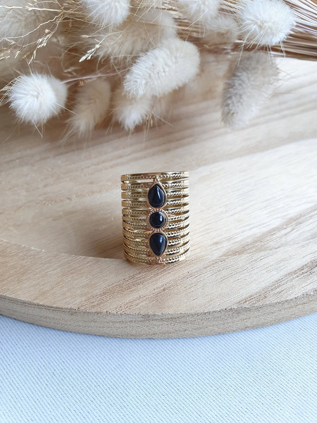 Grosse bague triple pierres en acier inoxydable or et pierres naturelles Micomidy Bijoux