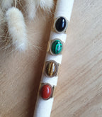 Grosse bague ajustable en acier inoxydable or et pierre naturelle - onyx noir, oeil de tigre, malachite, jaspe rouge Micomidy Bijoux