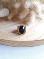 Grosse bague ajustable en acier inoxydable or et pierre naturelle - onyx noir, oeil de tigre, malachite, jaspe rouge Micomidy Bijoux