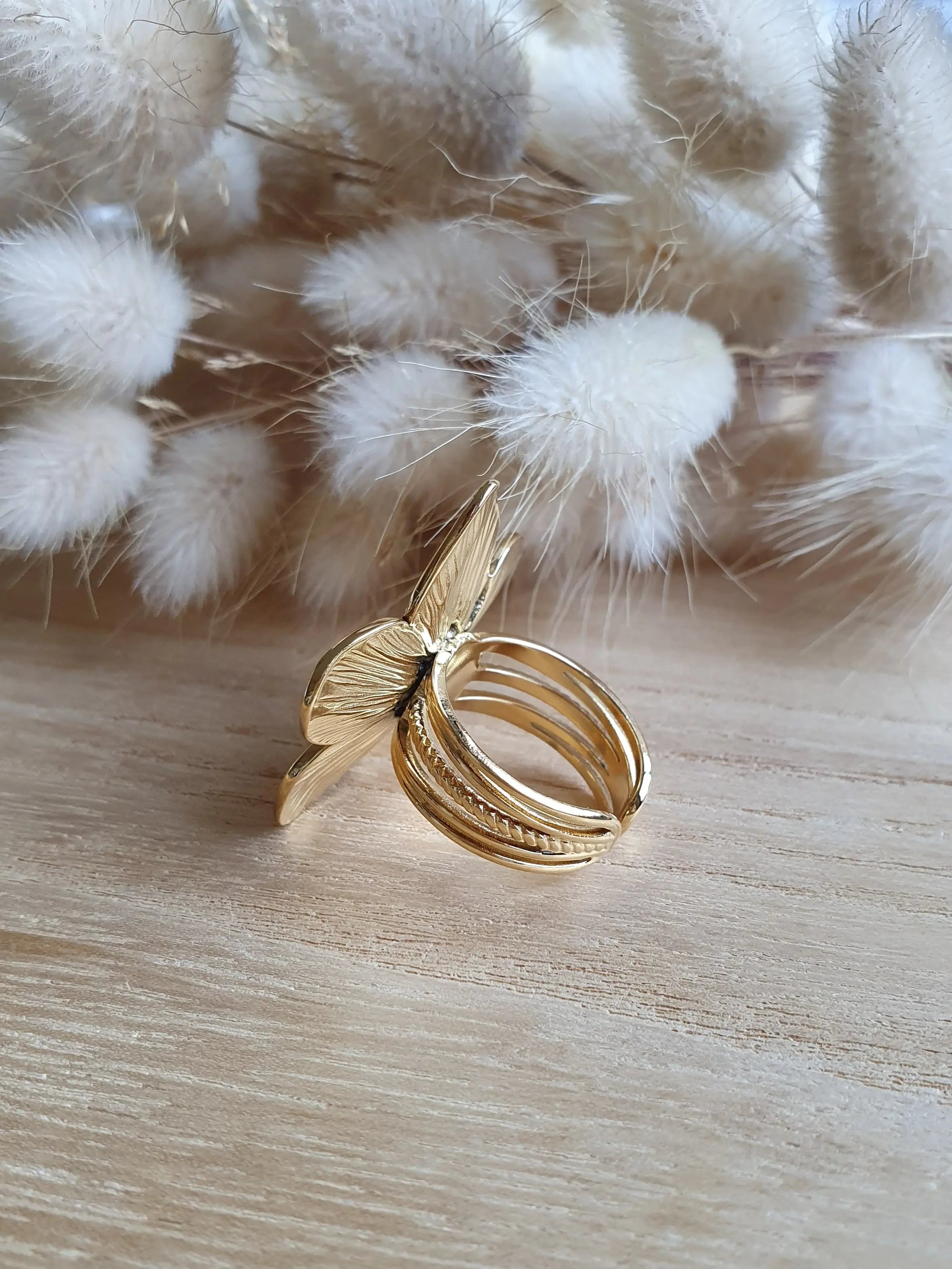 Bague ajustable fleur de cerisier en acier inoxydable or Micomidy Bijoux