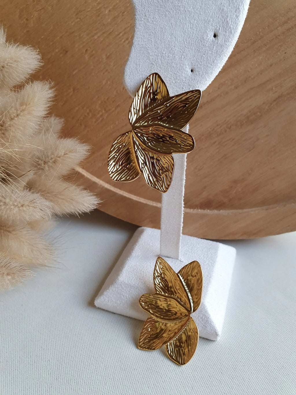 Grosses boucles d'oreilles feuilles en acier inoxydable doré a l'or fin Micomidy Bijoux