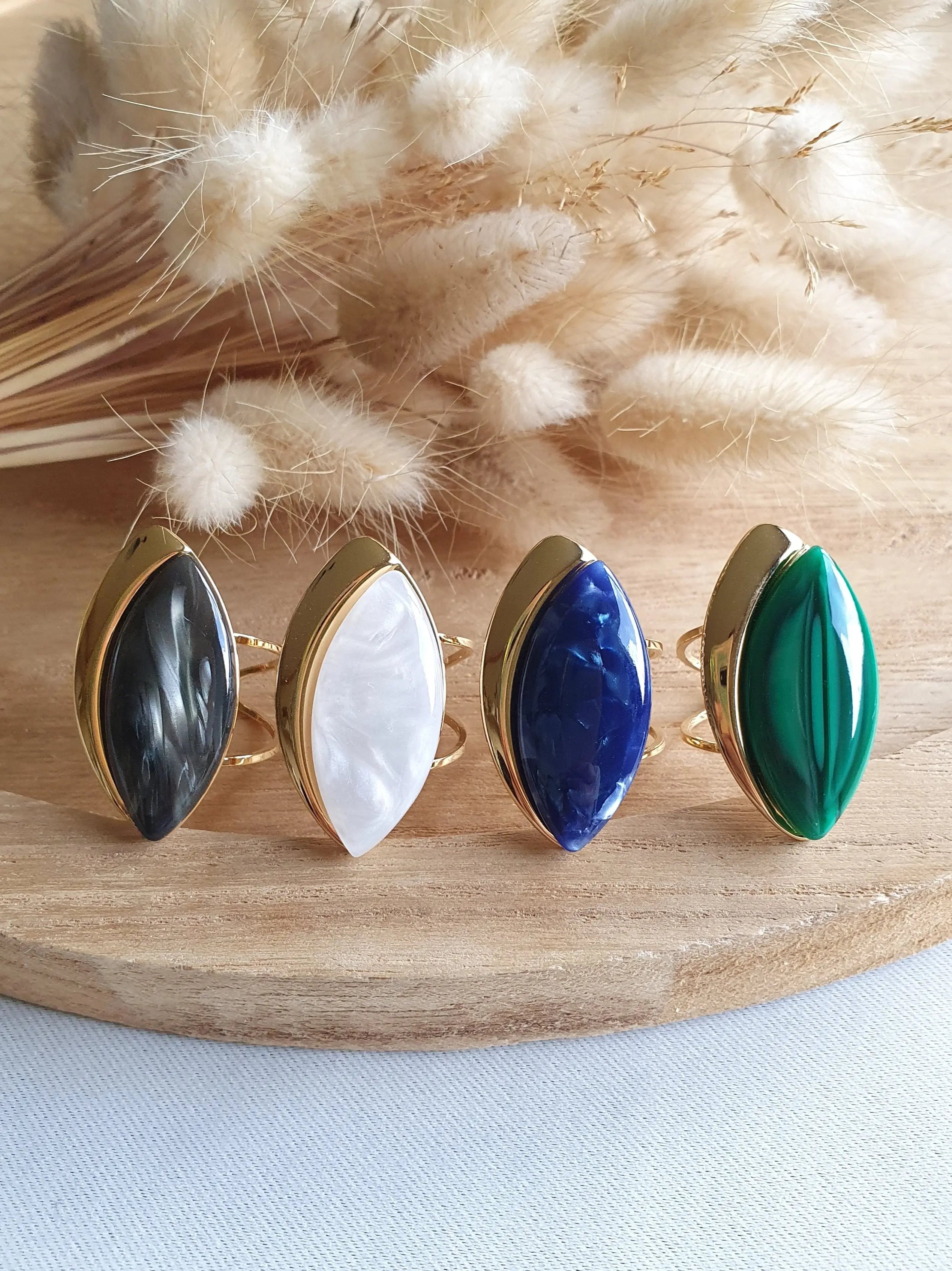 Grosse bague ajustable en acier inoxydable or et pierres brillantes en acétate Micomidy Bijoux