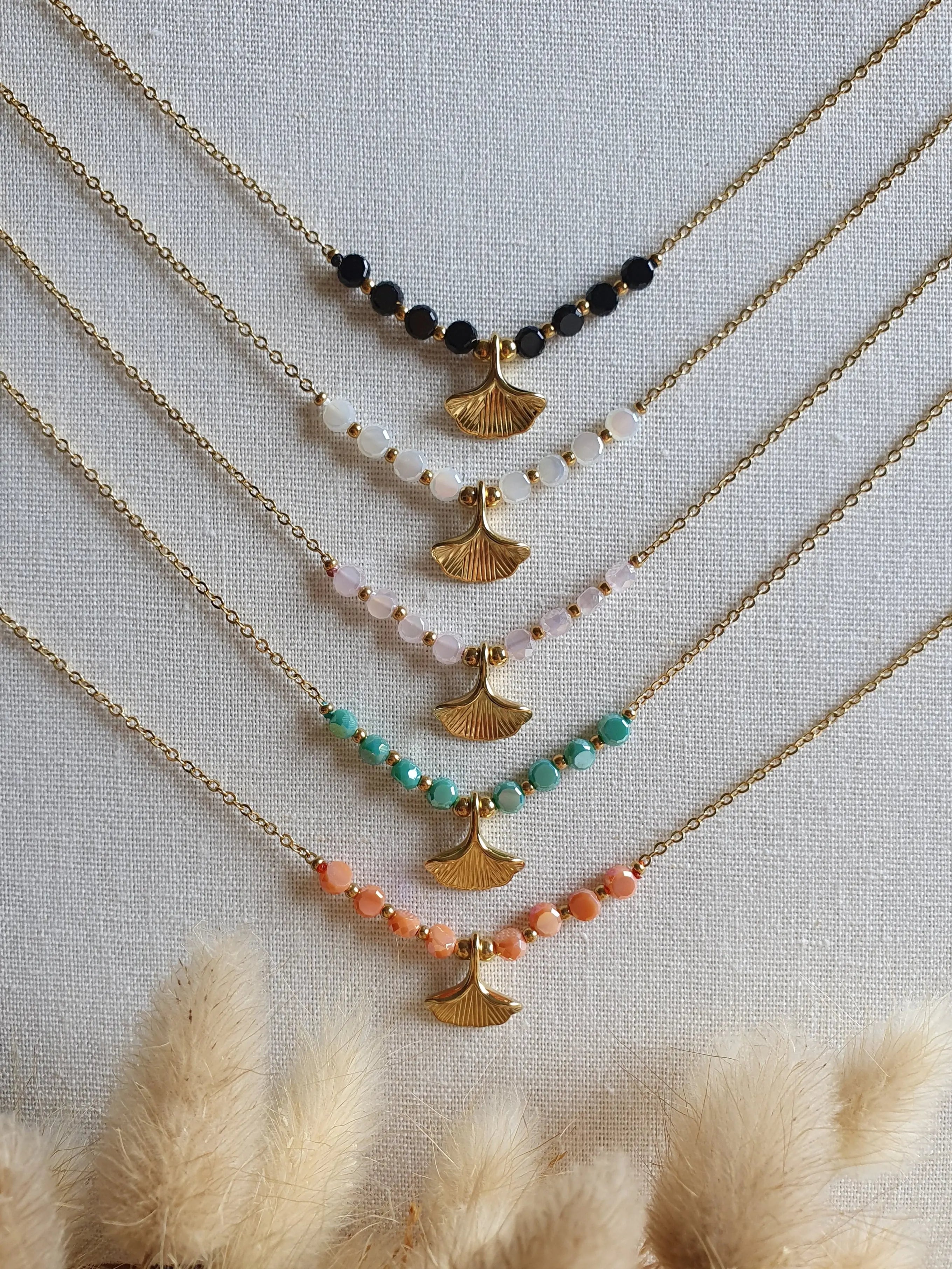 Collier feuilles de ginkgo - Collier en acier inoxydable doré à l'or fin et perles brillantes Micomidy Bijoux