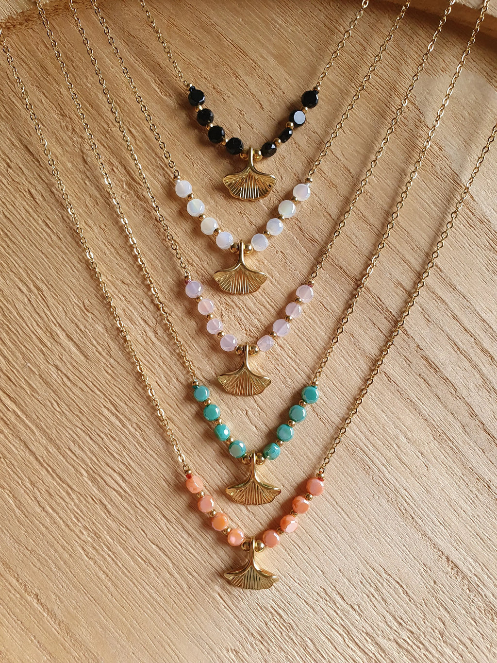 Collier feuilles de ginkgo - Collier en acier inoxydable doré à l'or fin et perles brillantes Micomidy Bijoux