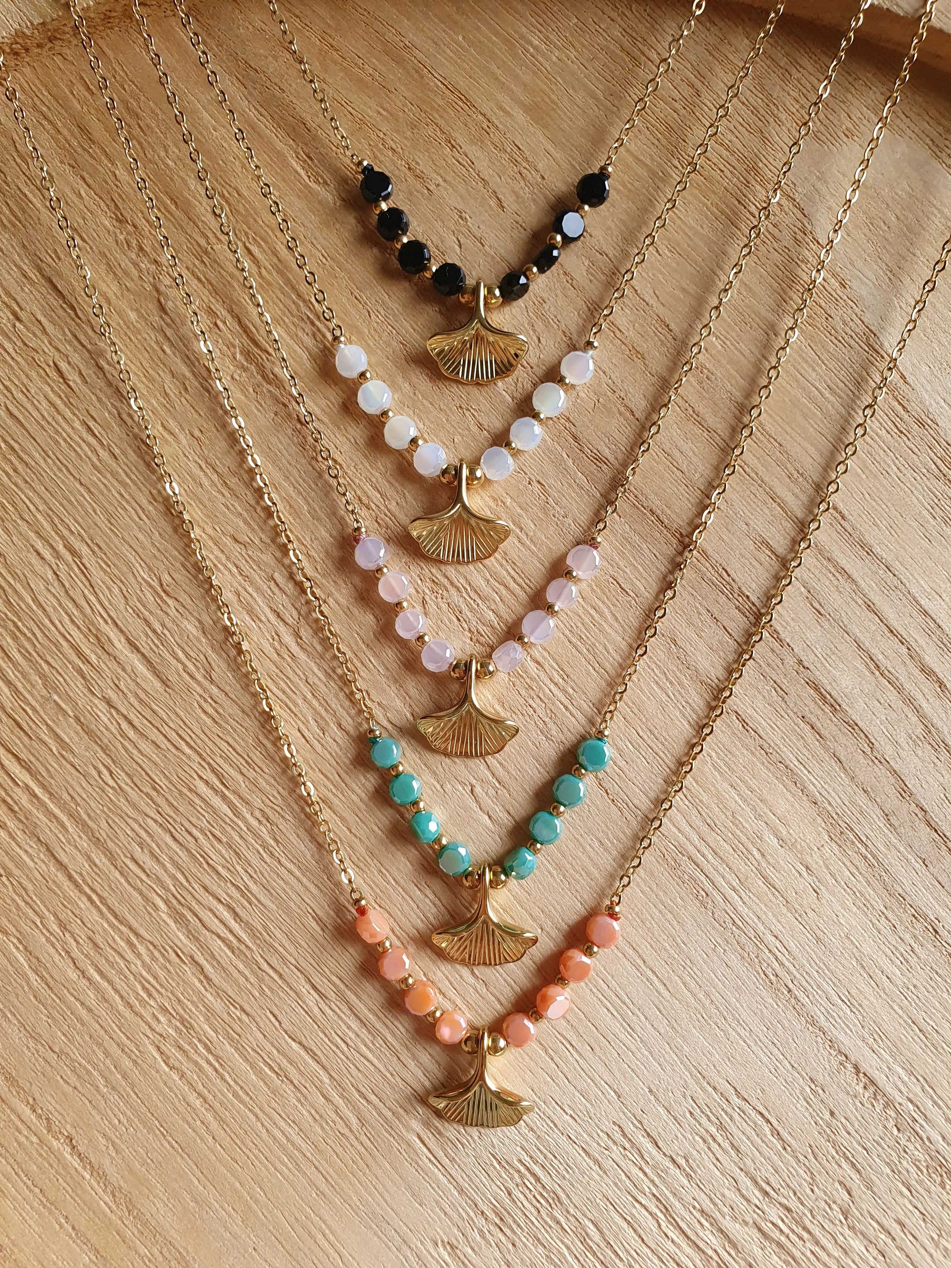 Collier feuilles de ginkgo - Collier en acier inoxydable doré à l'or fin et perles brillantes Micomidy Bijoux