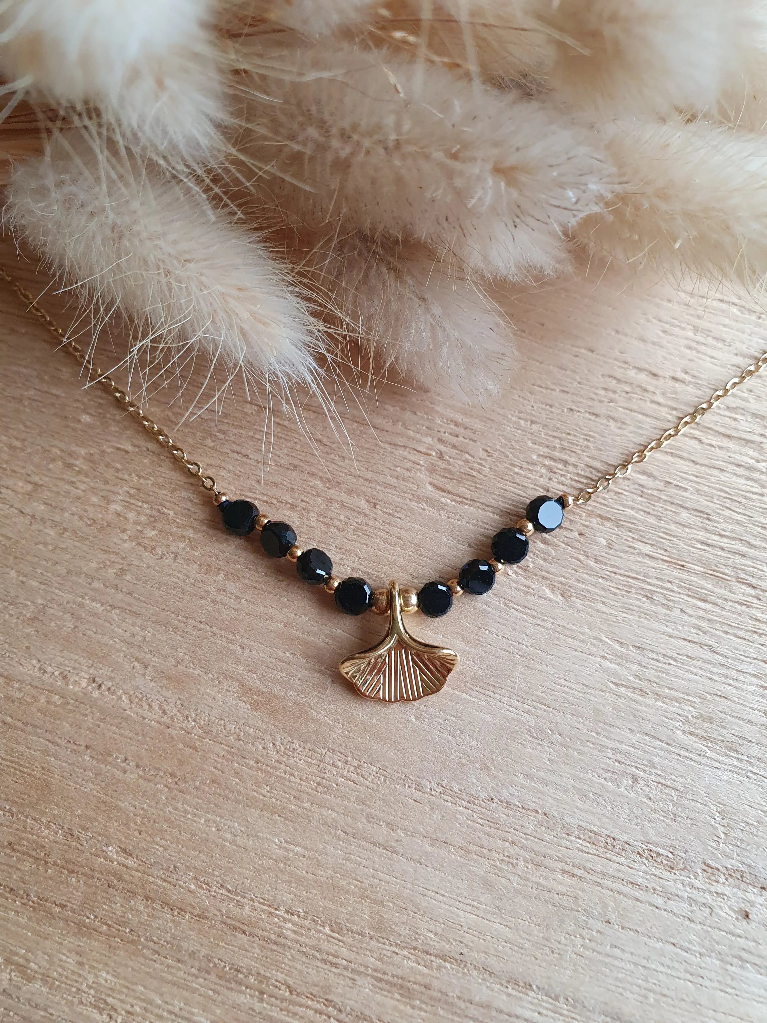 Collier feuilles de ginkgo - Collier en acier inoxydable doré à l'or fin et perles brillantes Micomidy Bijoux