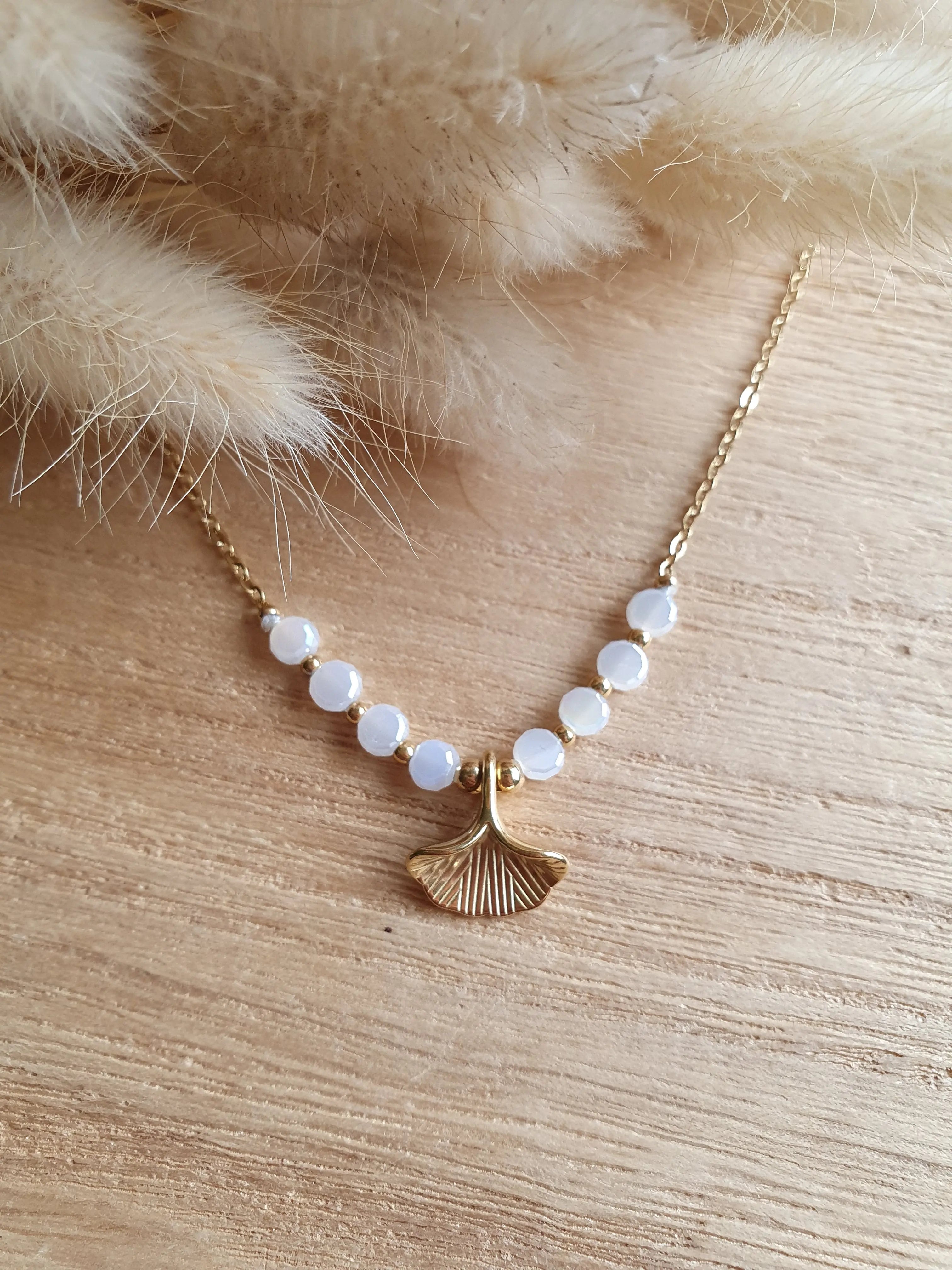 Collier feuilles de ginkgo - Collier en acier inoxydable doré à l'or fin et perles brillantes Micomidy Bijoux