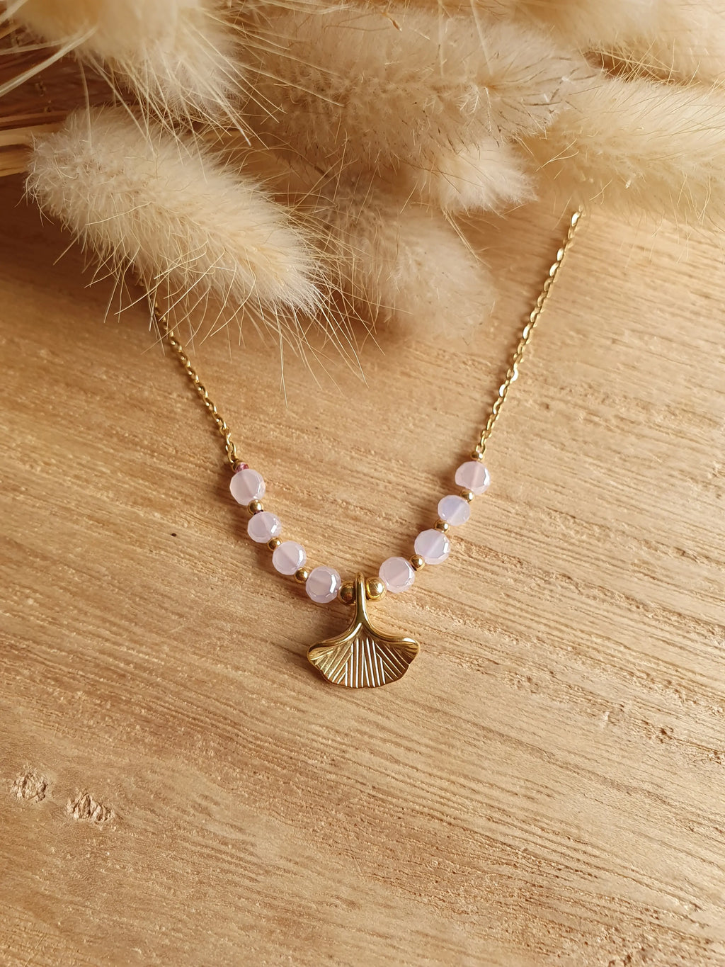 Collier feuilles de ginkgo - Collier en acier inoxydable doré à l'or fin et perles brillantes Micomidy Bijoux