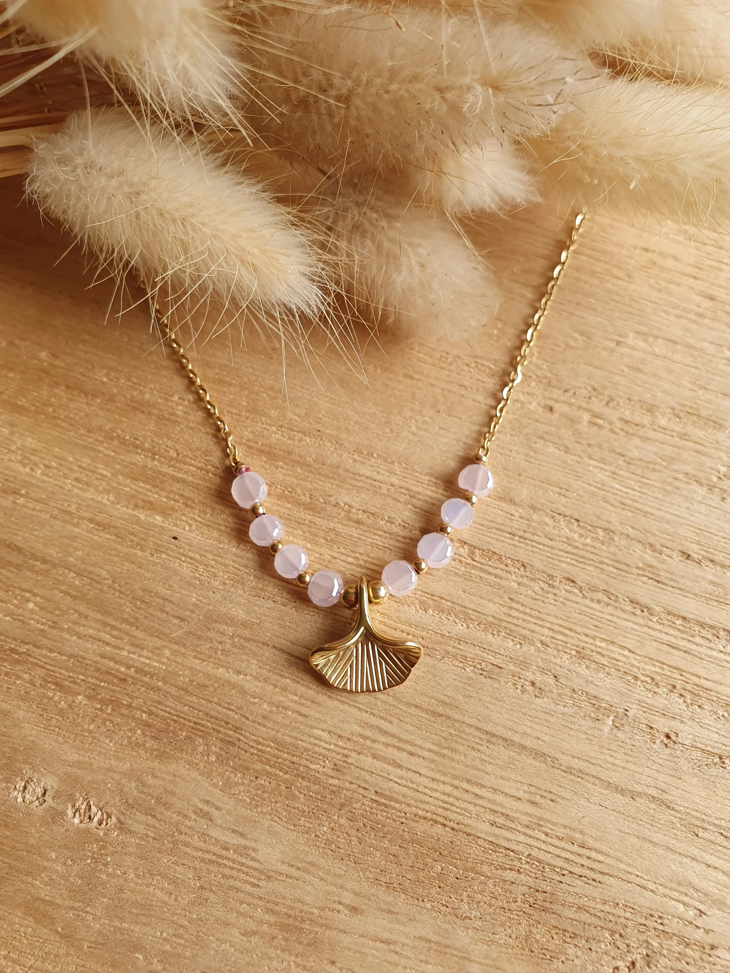Collier feuilles de ginkgo - Collier en acier inoxydable doré à l'or fin et perles brillantes Micomidy Bijoux