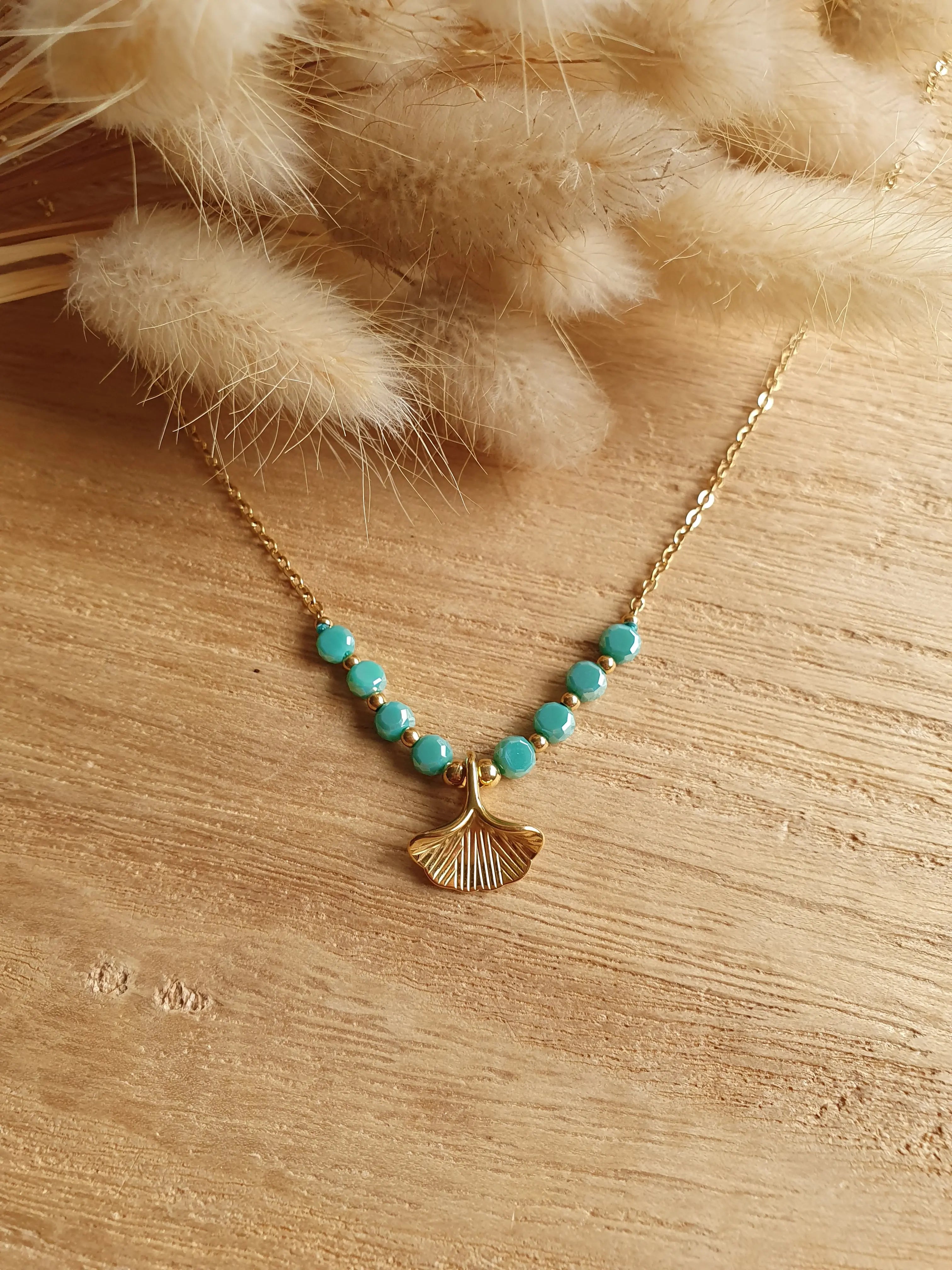 Collier feuilles de ginkgo - Collier en acier inoxydable doré à l'or fin et perles brillantes Micomidy Bijoux