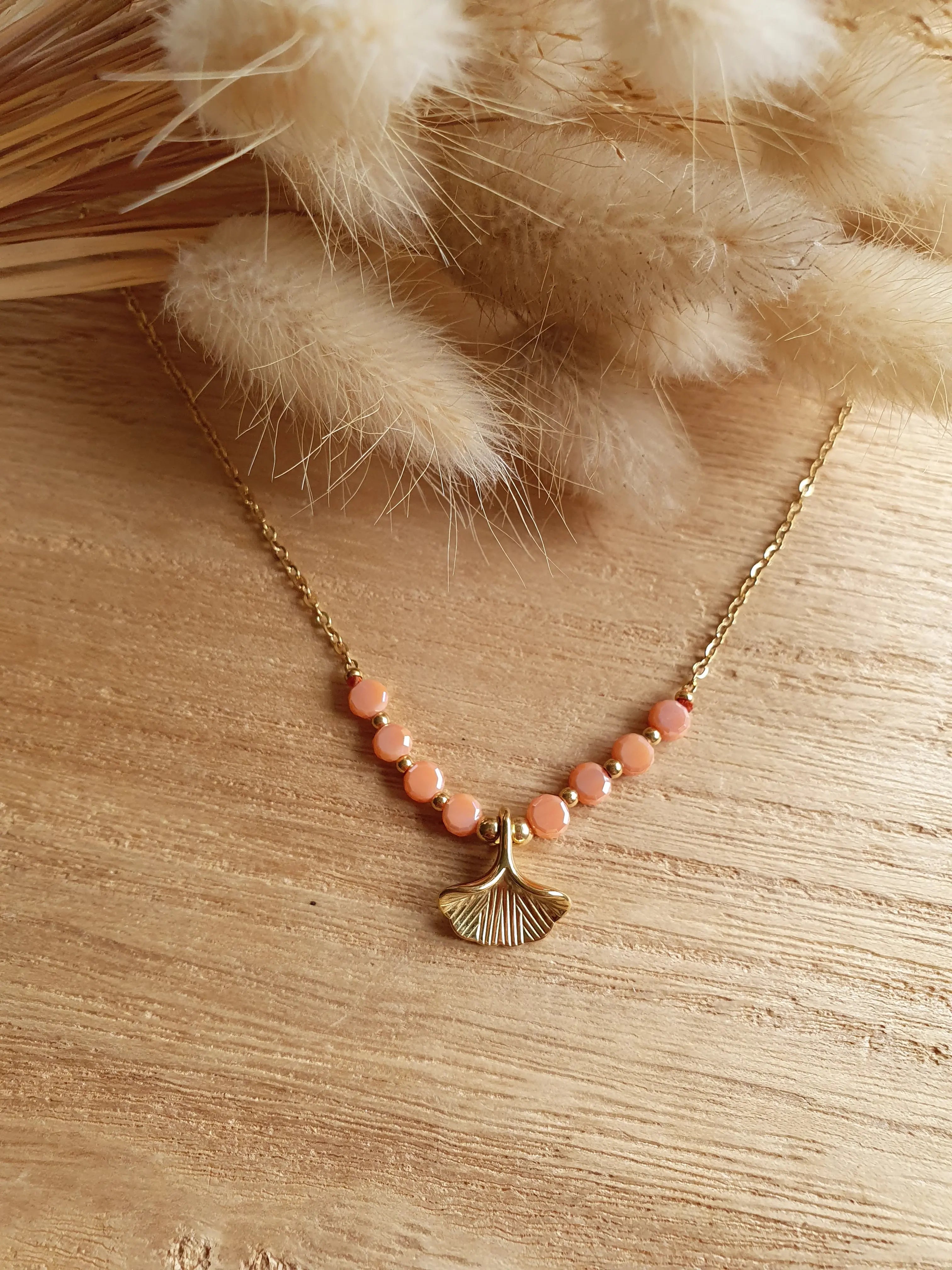 Collier feuilles de ginkgo - Collier en acier inoxydable doré à l'or fin et perles brillantes Micomidy Bijoux