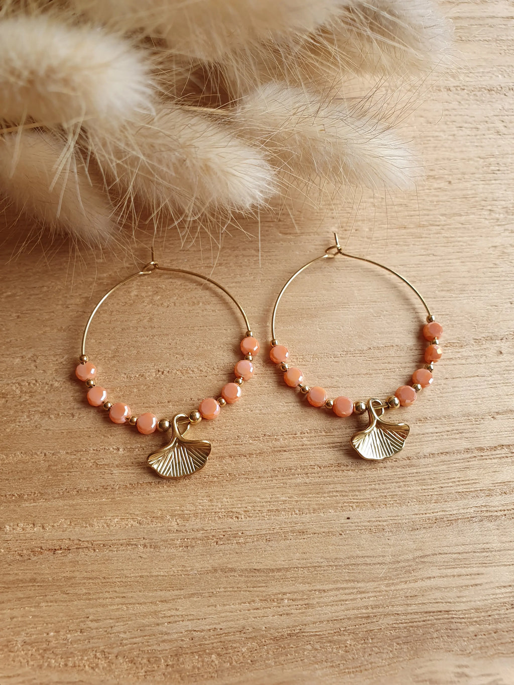 boucles d'oreilles creoles feuilles de ginkgo - boucles en acier inoxydable doré à l'or fin et perles brillantes Micomidy Bijoux