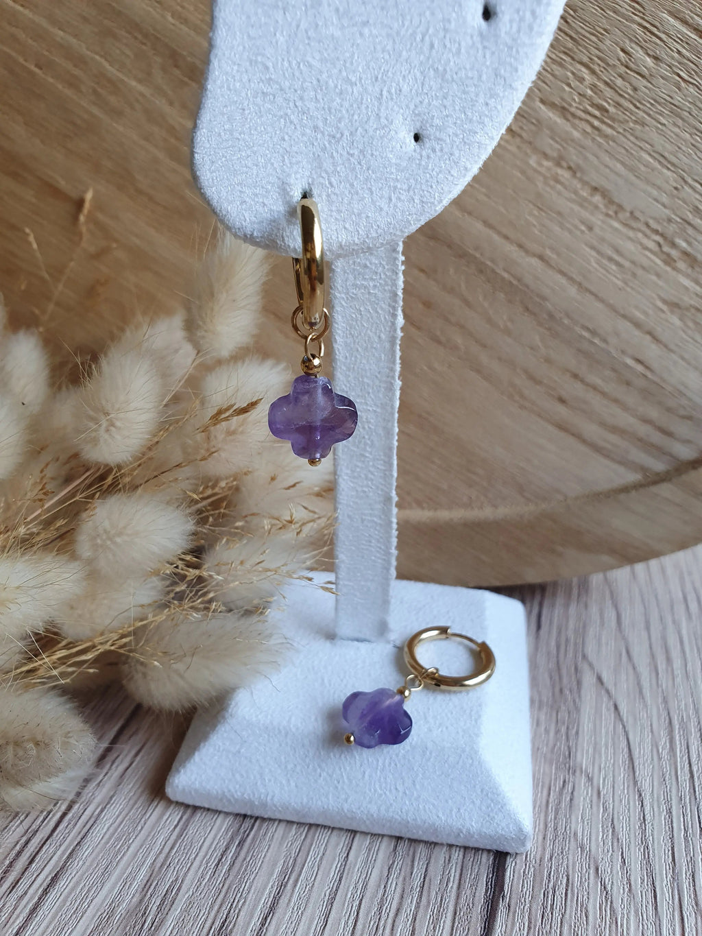 Boucles d'oreilles créoles en acier inoxydable or et trèfles en pierre naturelle d'améthyste Micomidy Bijoux