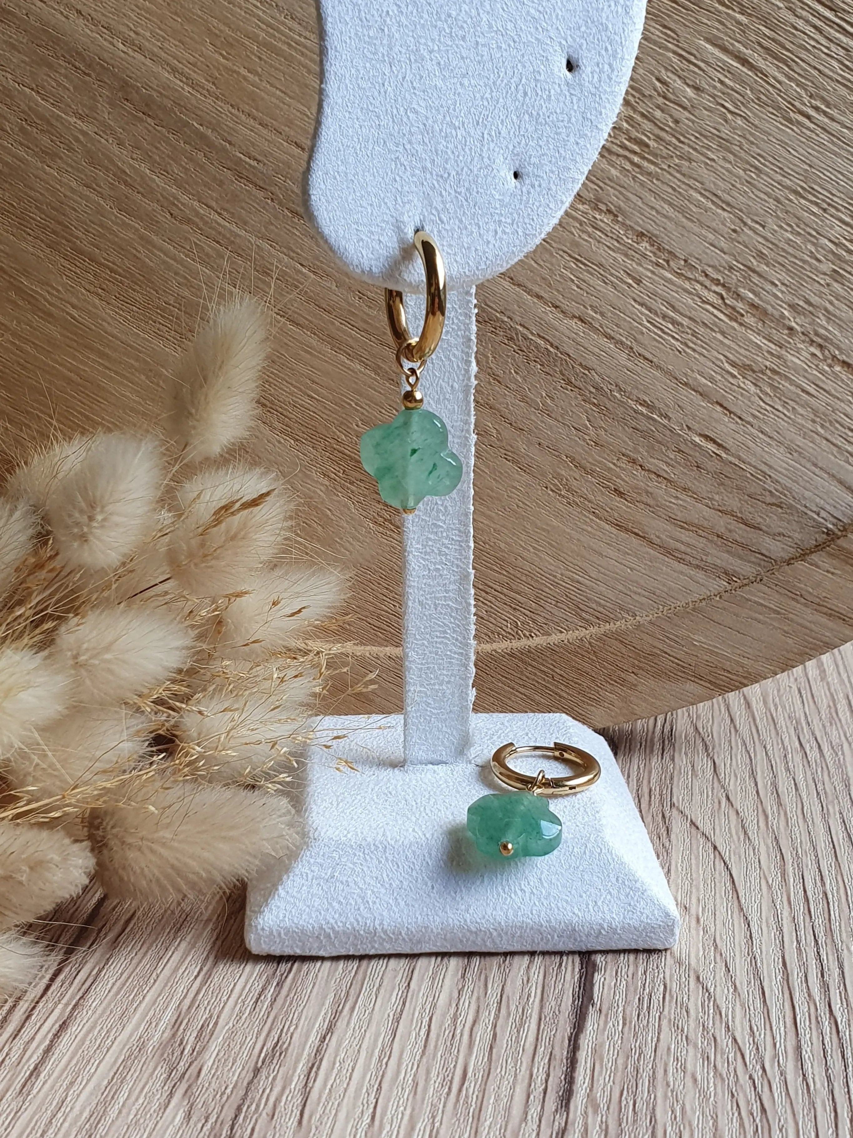 Boucles d'oreilles créoles en acier inoxydable or et trèfles en pierre naturelle aventurine verte Micomidy Bijoux