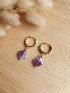 Boucles d'oreilles créoles en acier inoxydable or et trèfles en pierre naturelle d'améthyste Micomidy Bijoux