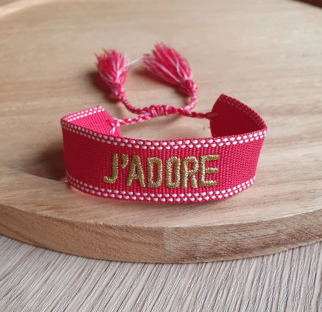 Bracelet tissé j'adore avec cordon ajustable et pompons Micomidy Bijoux