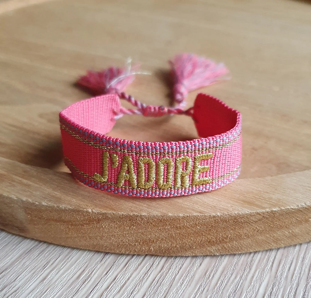 Bracelet tissé j'adore avec cordon ajustable et pompons Micomidy Bijoux