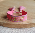 Bracelet tissé j'adore avec cordon ajustable et pompons Micomidy Bijoux