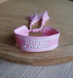 Bracelet tissé j'adore avec cordon ajustable et pompons Micomidy Bijoux