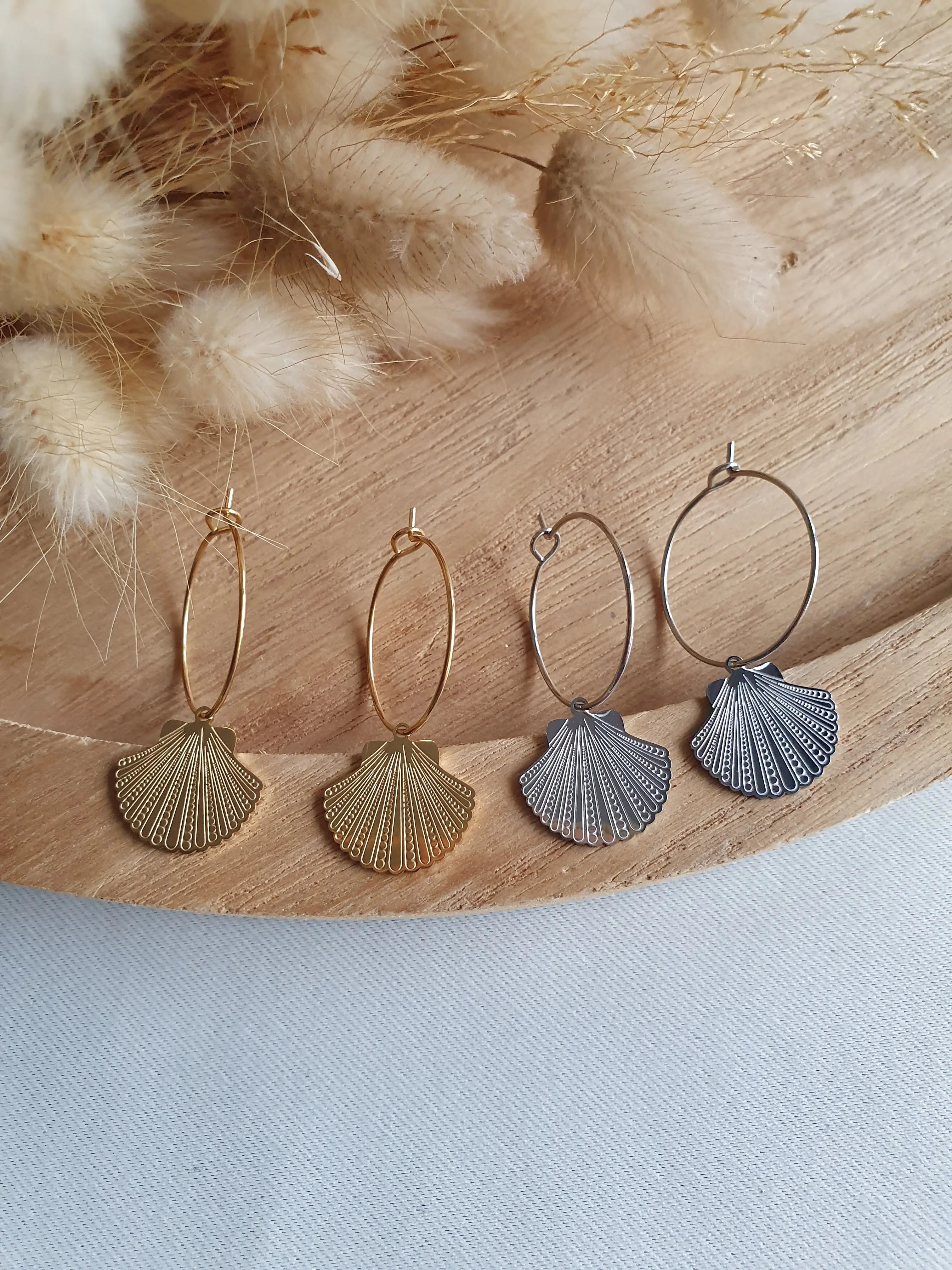 Boucles d'oreilles creoles coquillages en acier inoxydable or ou argent style boheme Micomidy Bijoux