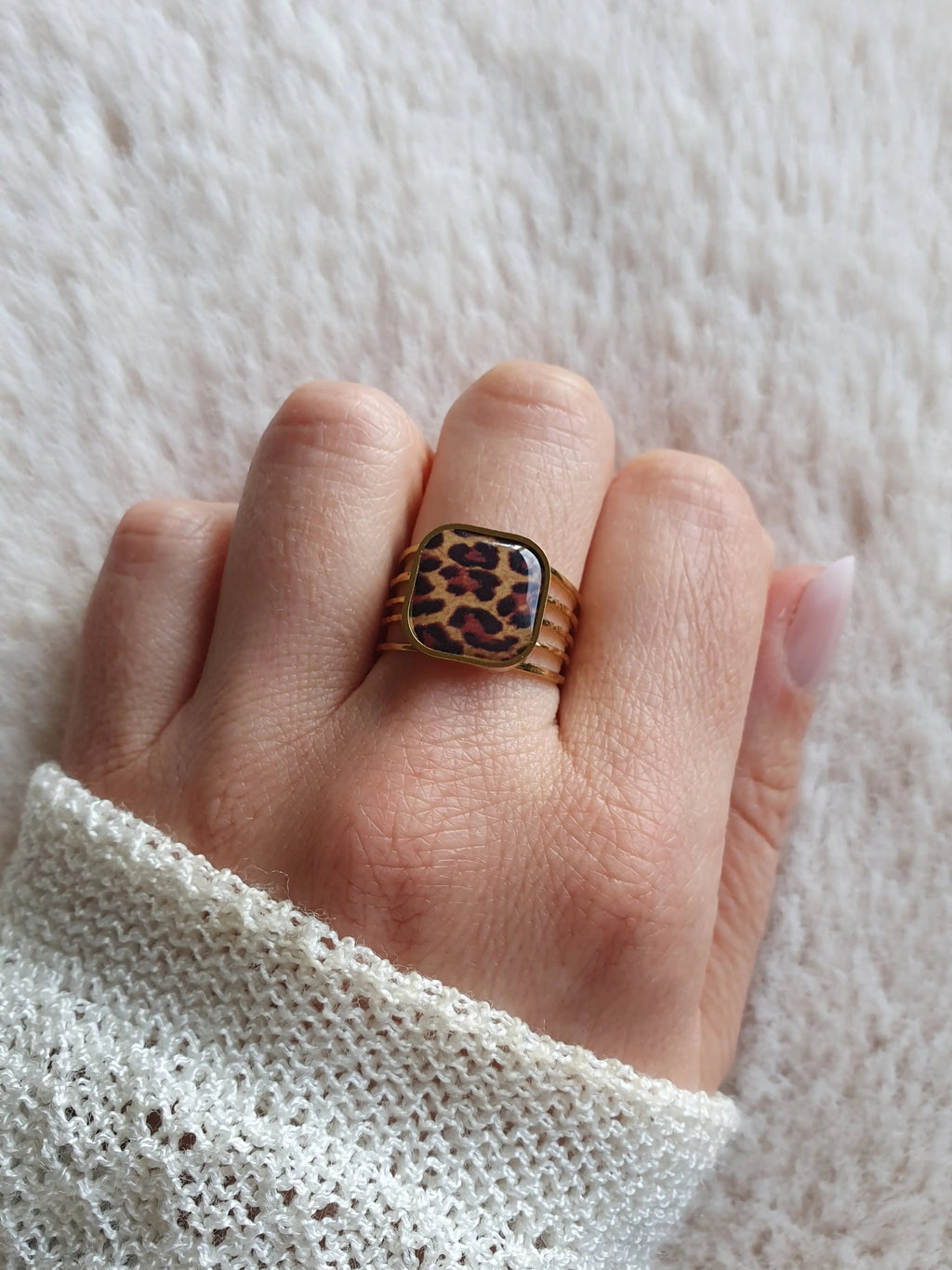 Bague léopard carré ajustable en acier inoxydable doré à l'or fin Micomidy Bijoux