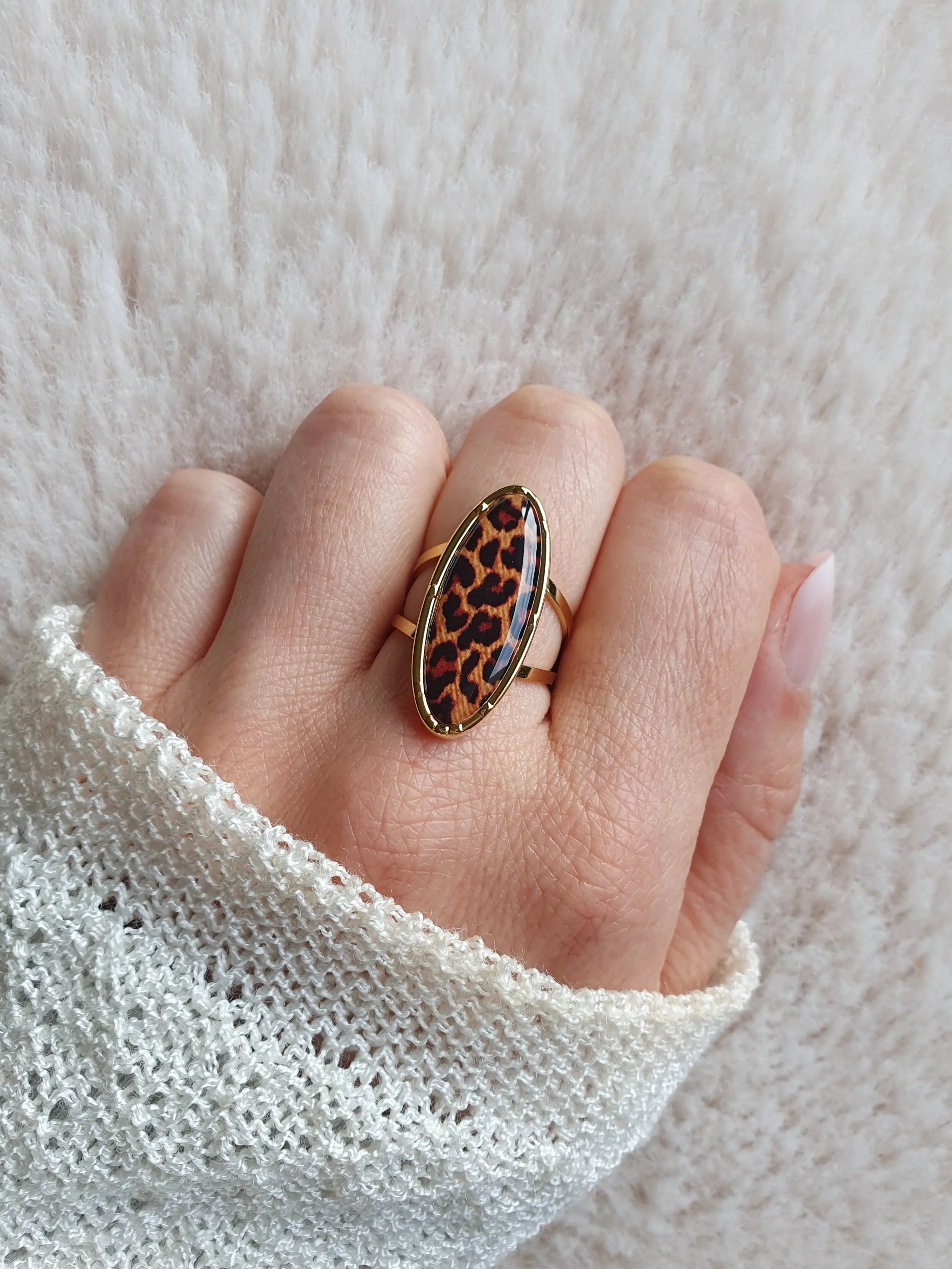 Bague ovale léopard ajustable en acier inoxydable doré à l'or fin Micomidy Bijoux