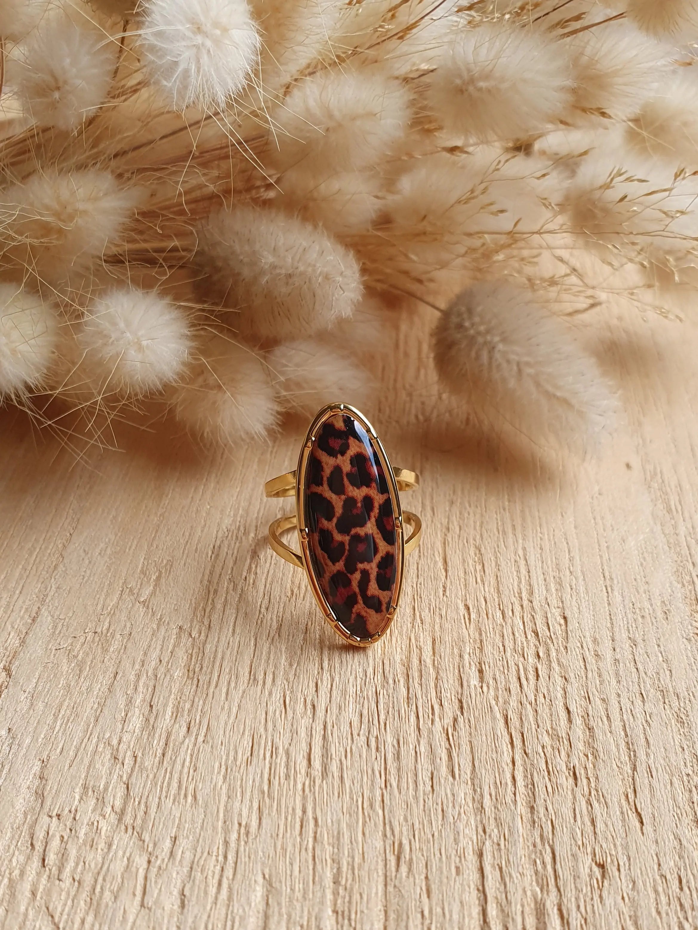 Bague ovale léopard ajustable en acier inoxydable doré à l'or fin Micomidy Bijoux