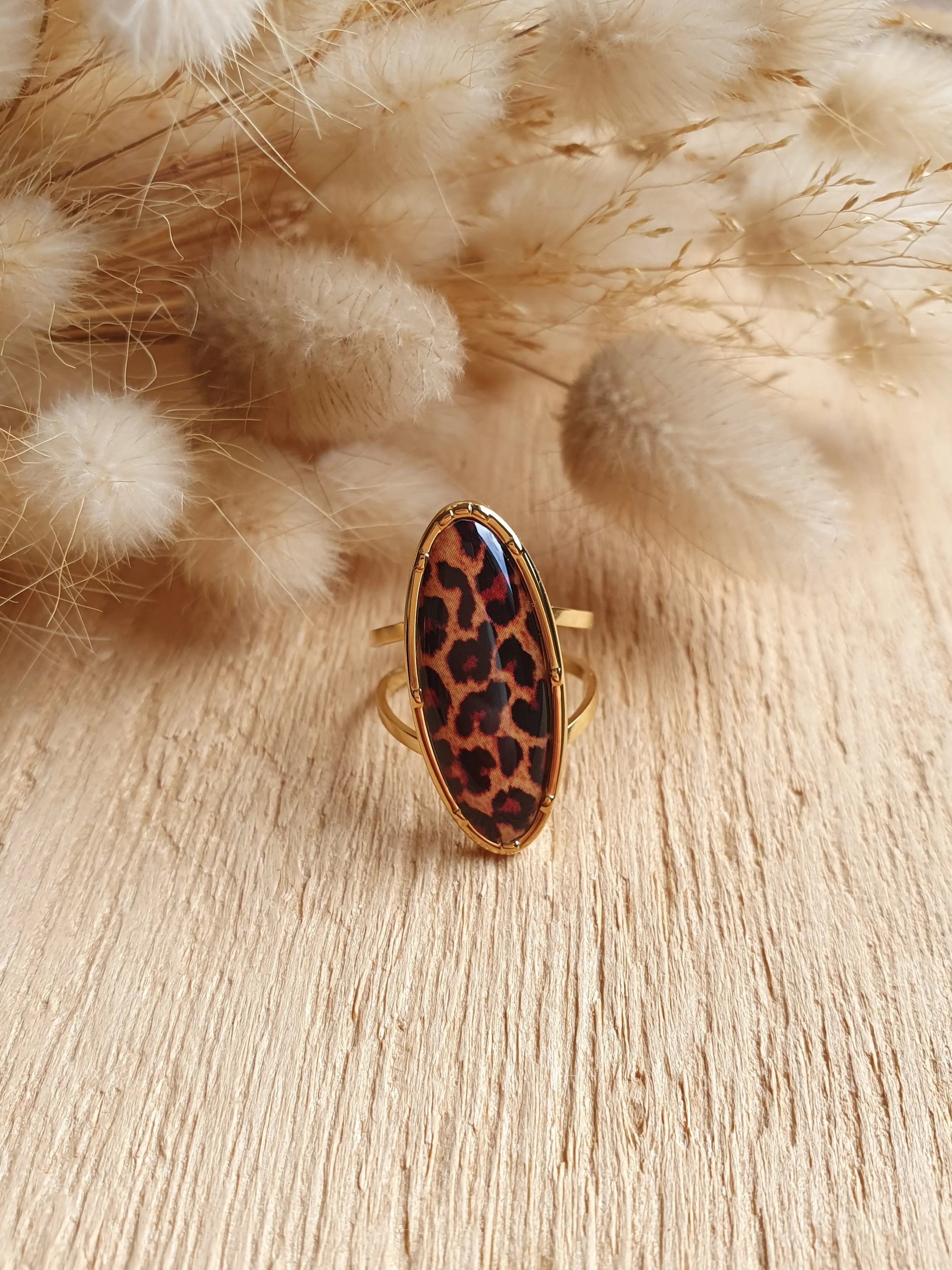 Bague ovale léopard ajustable en acier inoxydable doré à l'or fin Micomidy Bijoux