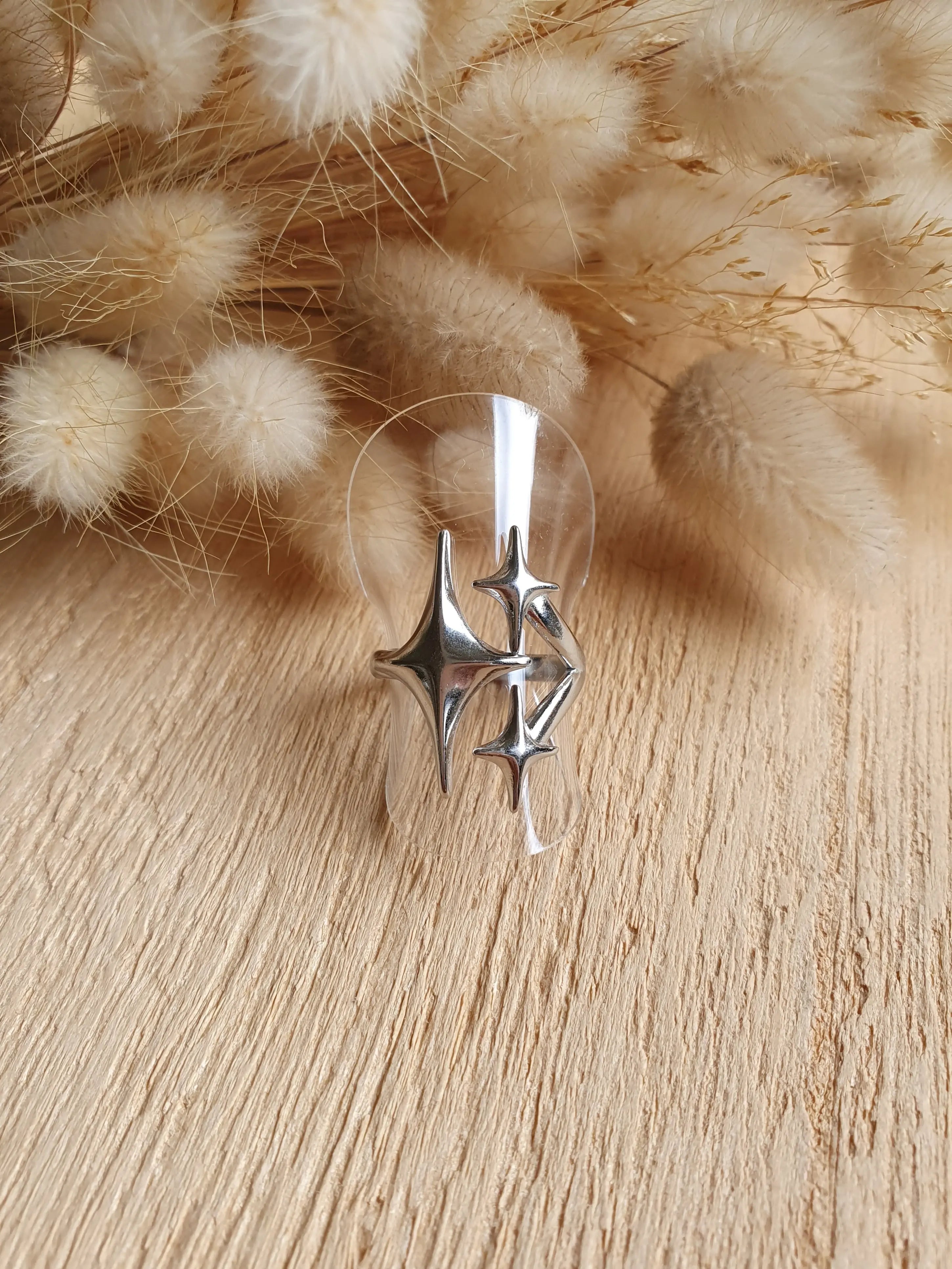 Bague ajustable en acier inoxydable argent avec trois étoiles Micomidy Bijoux