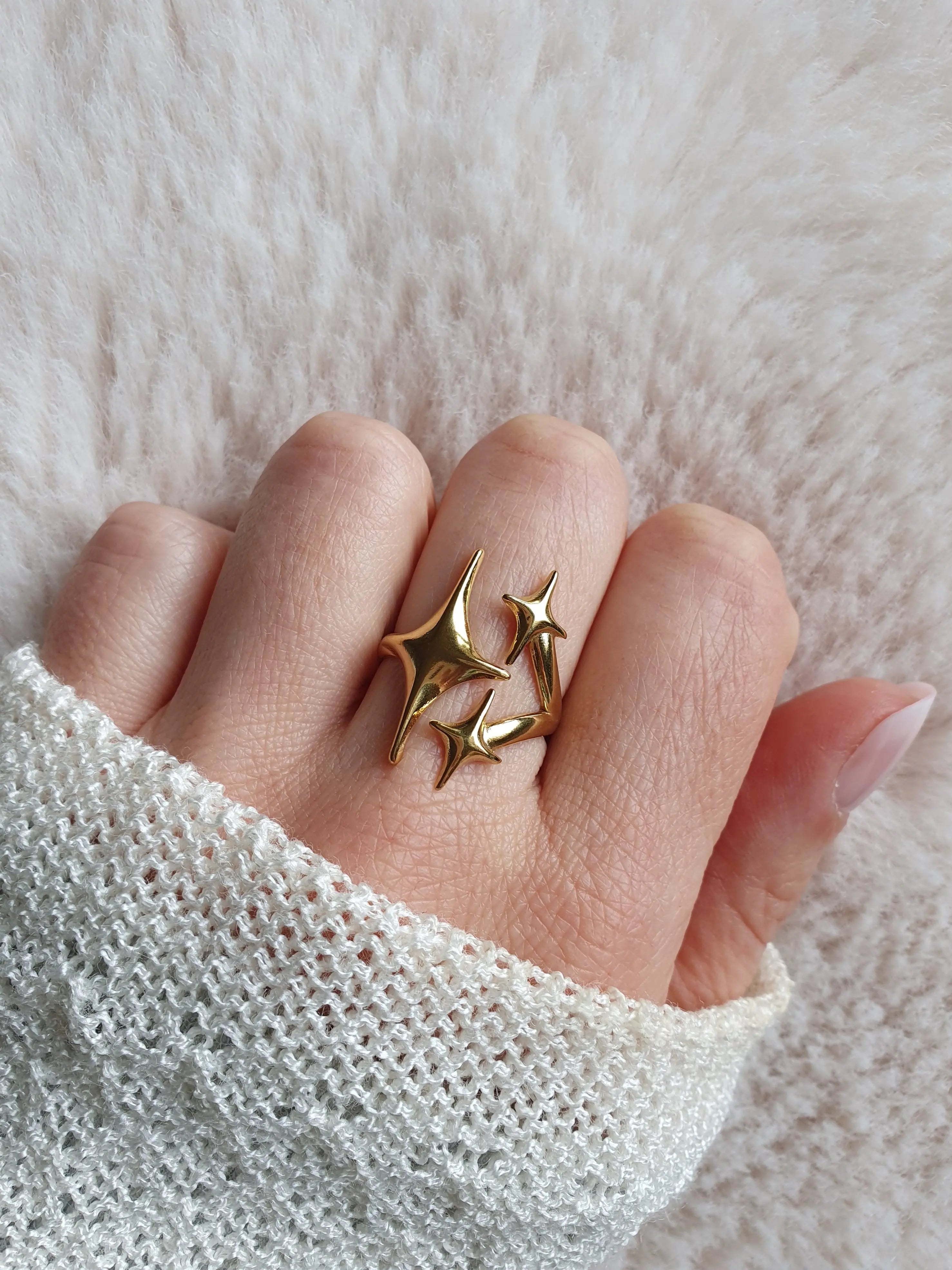 Bague ajustable en acier inoxydable or avec trois étoiles Micomidy Bijoux
