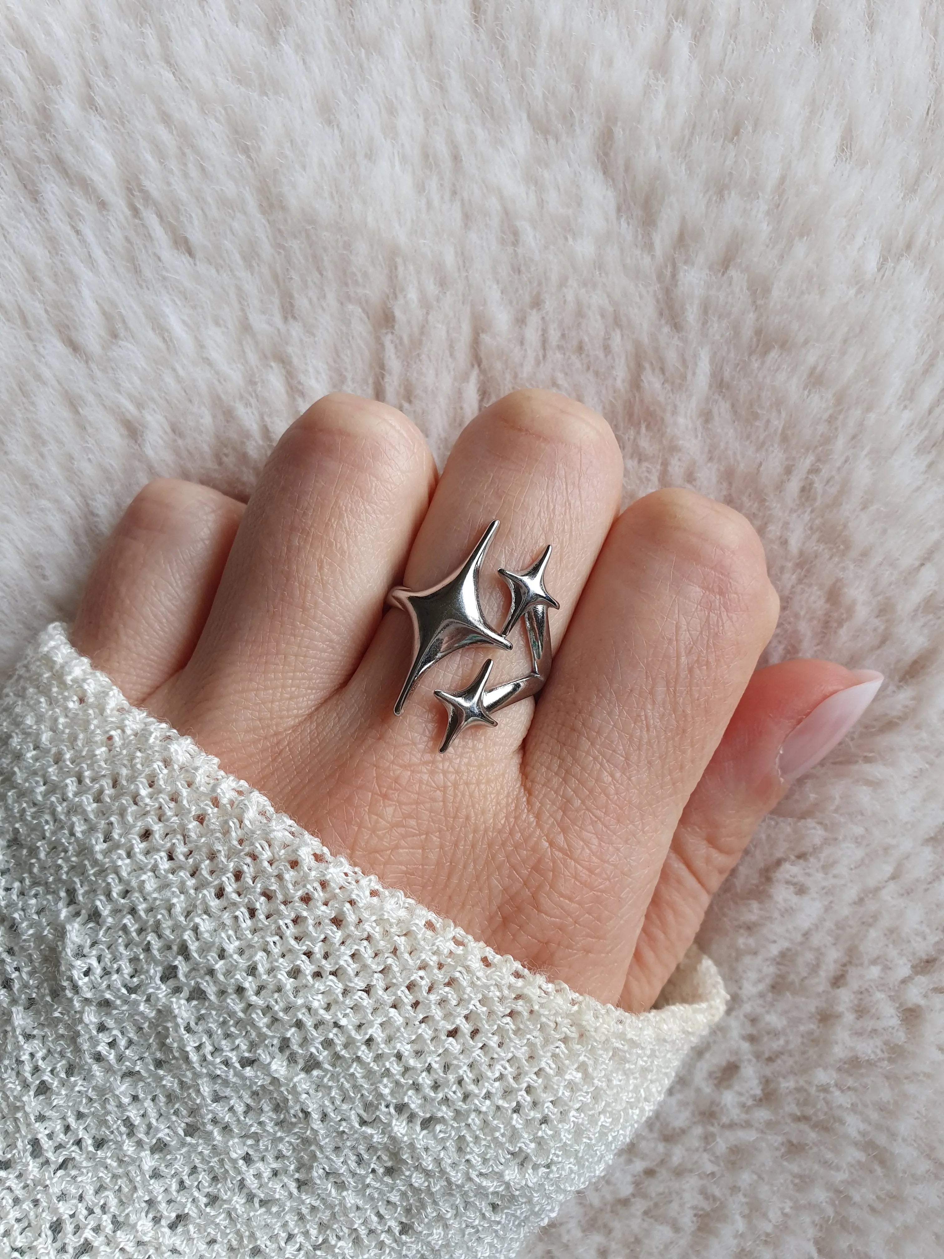 Bague ajustable en acier inoxydable argent avec trois étoiles Micomidy Bijoux