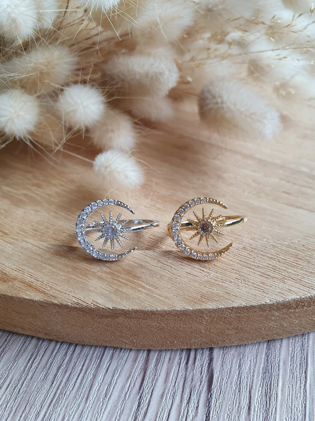 Bague céleste, lune, soleil et strass - Bague ajustable en acier inoxydable or ou argent Micomidy Bijoux
