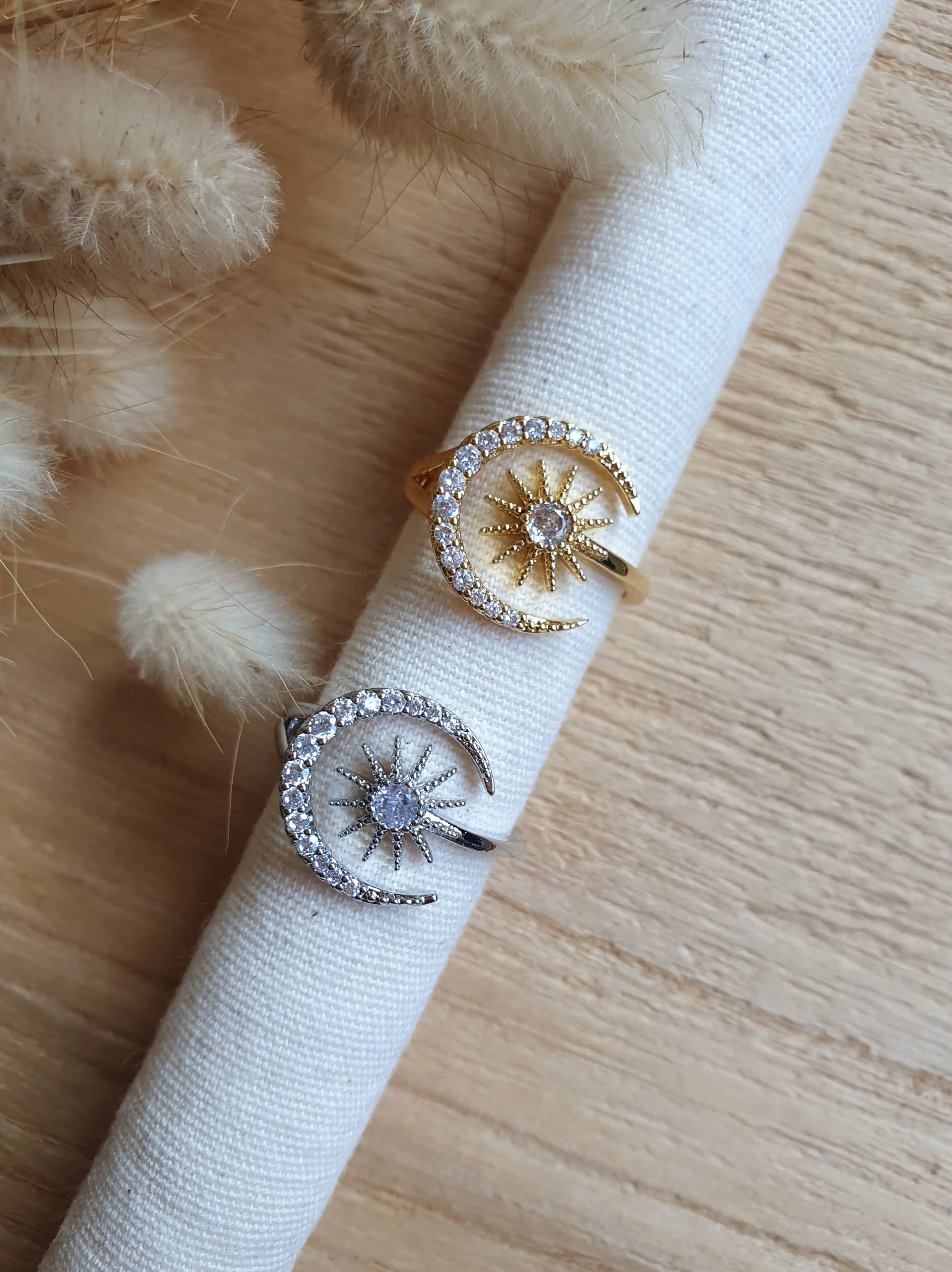 Bague céleste, lune, soleil et strass - Bague ajustable en acier inoxydable or ou argent Micomidy Bijoux