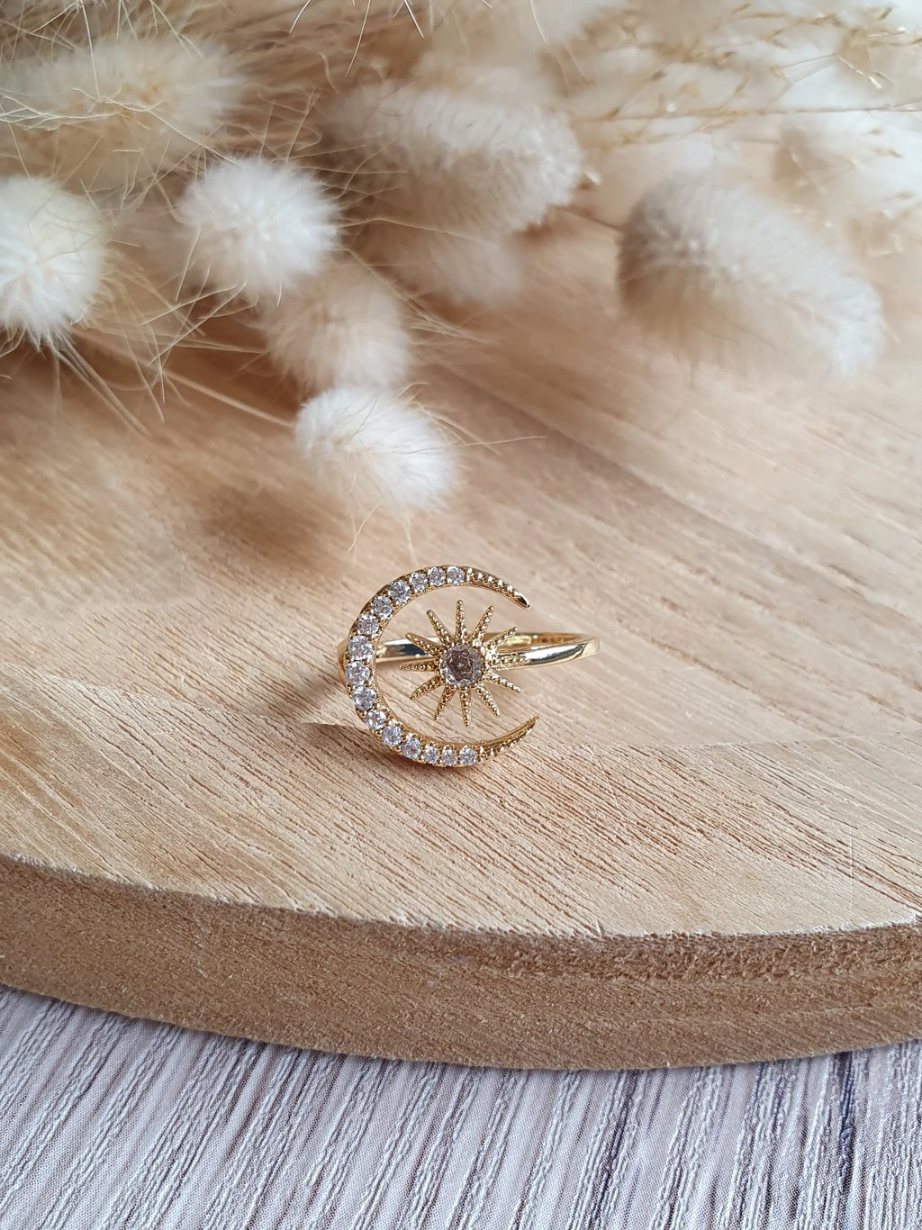 Bague céleste, lune, soleil et strass - Bague ajustable en acier inoxydable or ou argent Micomidy Bijoux
