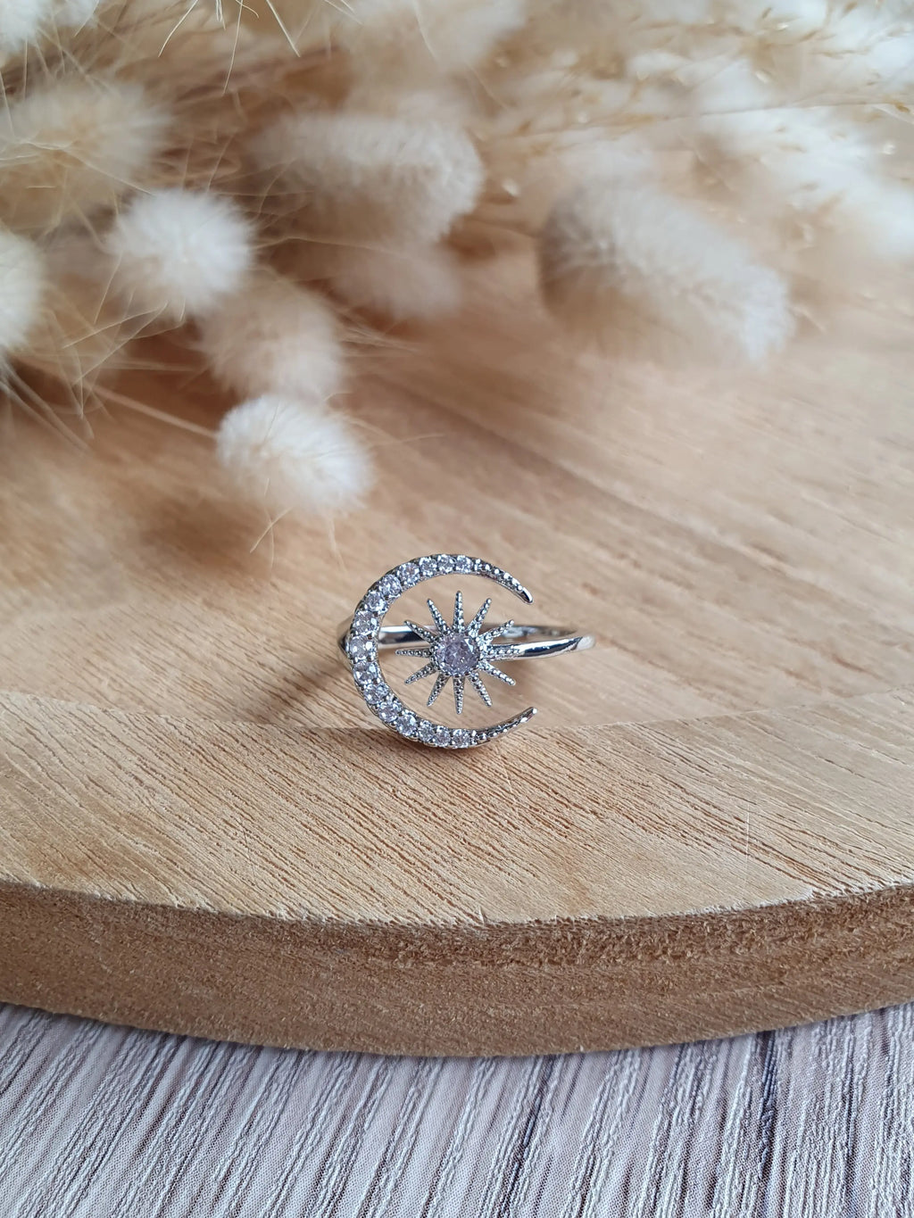 Bague céleste, lune, soleil et strass - Bague ajustable en acier inoxydable or ou argent Micomidy Bijoux