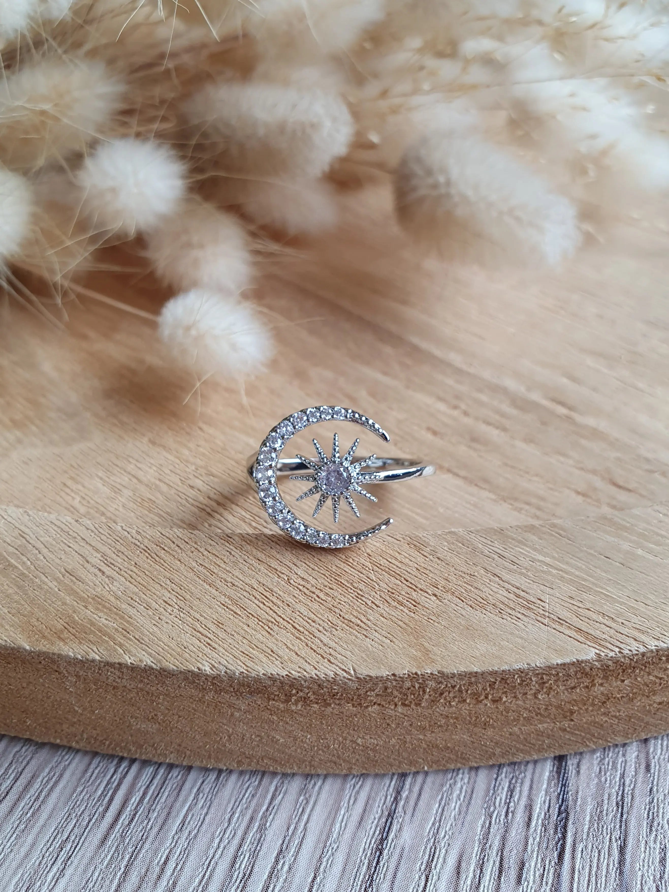 Bague céleste, lune, soleil et strass - Bague ajustable en acier inoxydable or ou argent Micomidy Bijoux