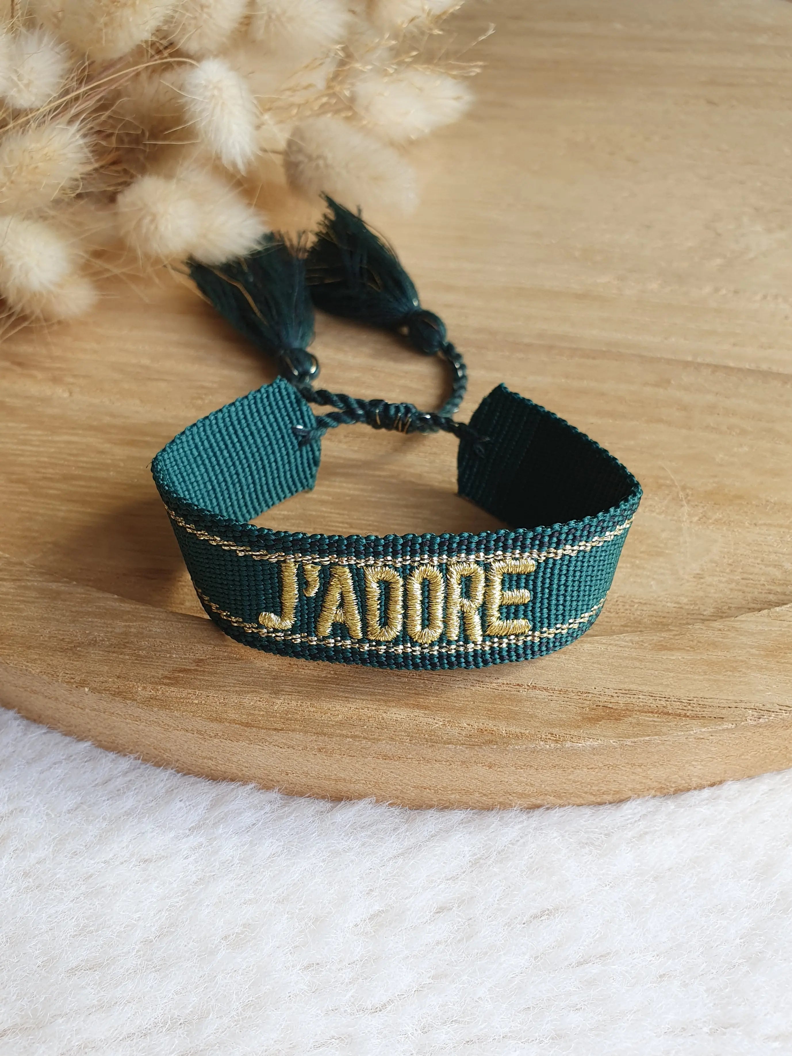 Bracelet tissé j'adore avec cordon ajustable et pompons Micomidy Bijoux