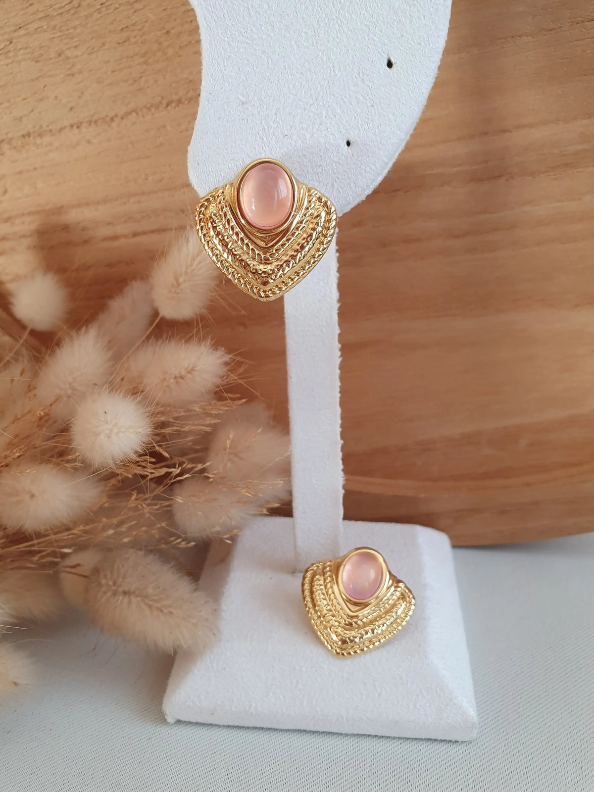 boucles d'oreilles puces style baroque et pierres roses - boucles d'oreilles en acier inoxydable doré - Micomidy Bijoux